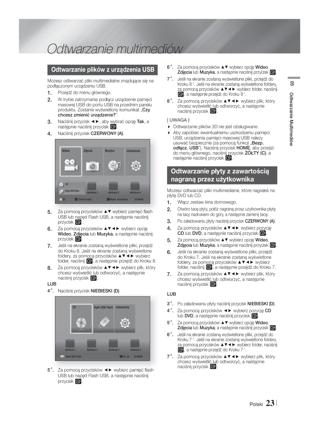 Samsung HT-F4500/EN, HT-F4550/EN Odtwarzanie multimediów, Odtwarzanie płyty z zawartością Nagraną przez użytkownika, Lub 