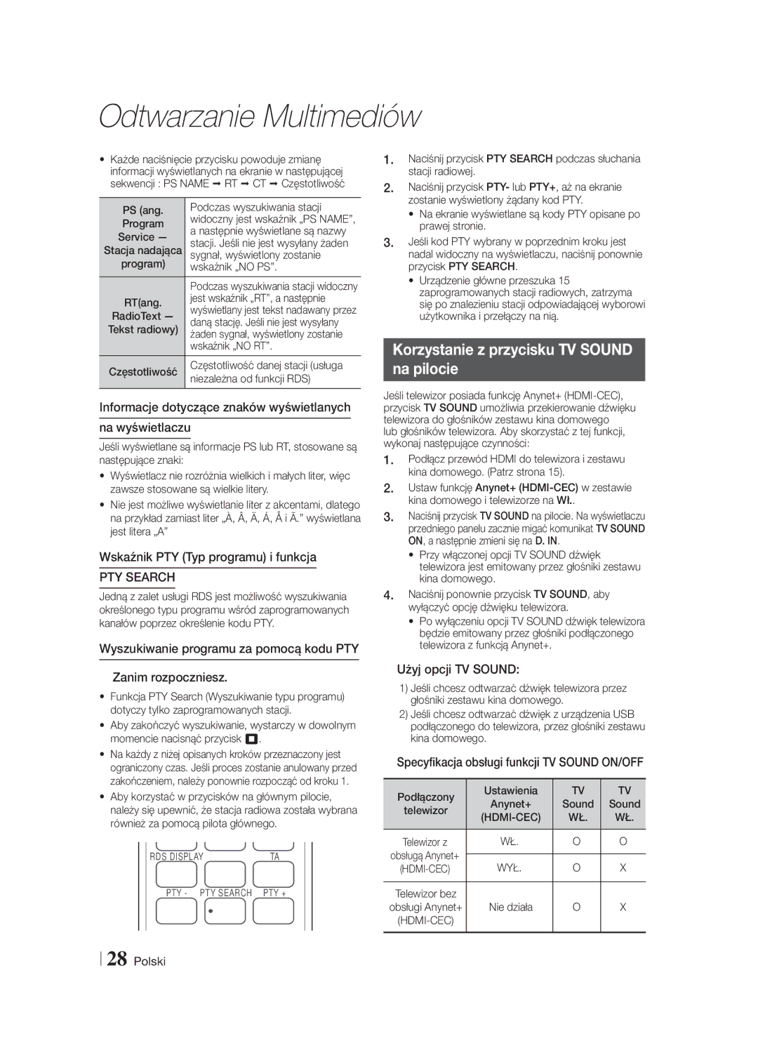 Samsung HT-F4550/EN, HT-F4500/EN manual Korzystanie z przycisku TV Sound Na pilocie 