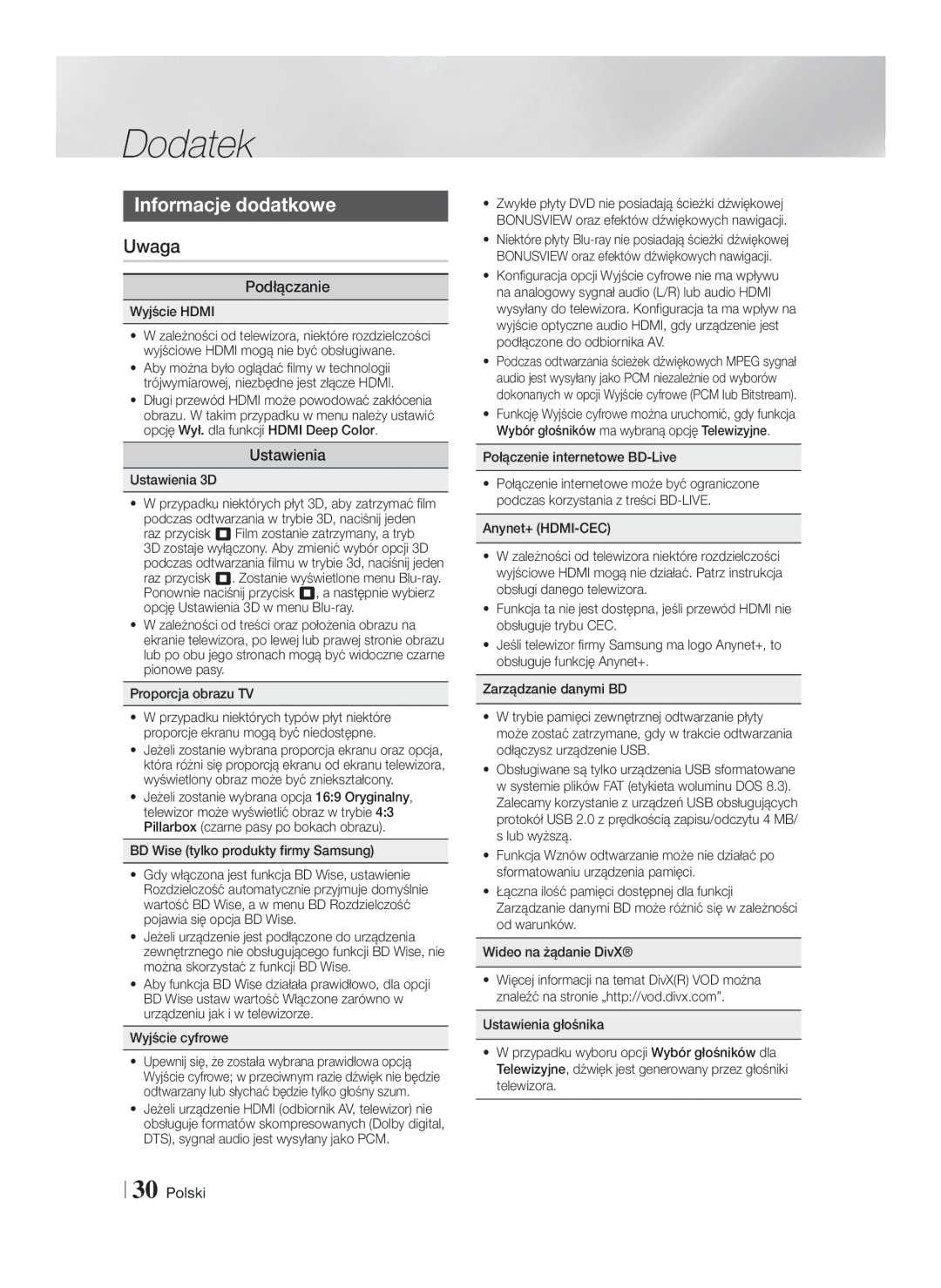 Samsung HT-F4550/EN, HT-F4500/EN manual Dodatek, Informacje dodatkowe, Uwaga, Podłączanie, Ustawienia 