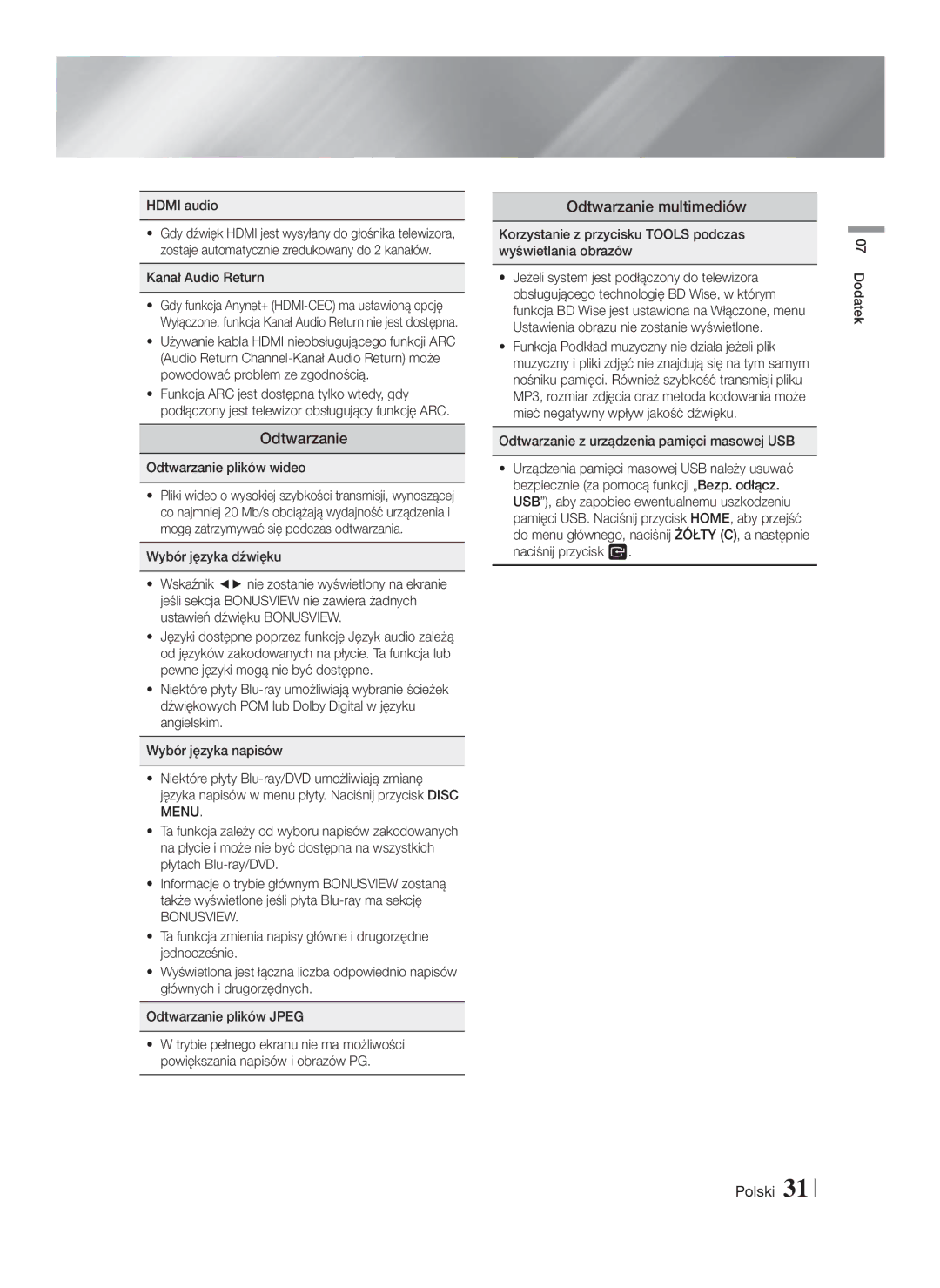 Samsung HT-F4500/EN, HT-F4550/EN manual Odtwarzanie multimediów, Bonusview 