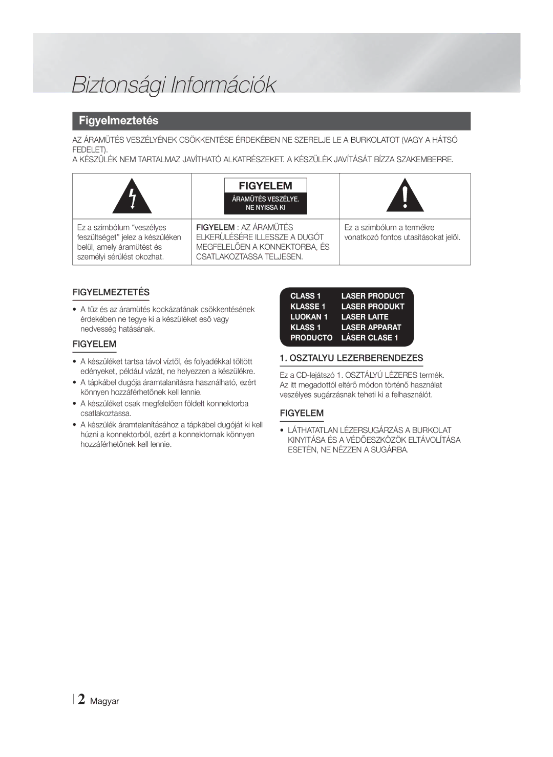 Samsung HT-F4550/EN manual Biztonsági Információk, Figyelmeztetés, Figyelem AZ Áramütés, Elkerülésére Illessze a Dugót 