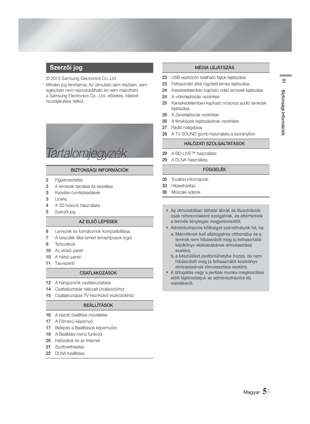 Samsung HT-F4500/EN, HT-F4550/EN manual Tartalomjegyzék, Szerzői jog 