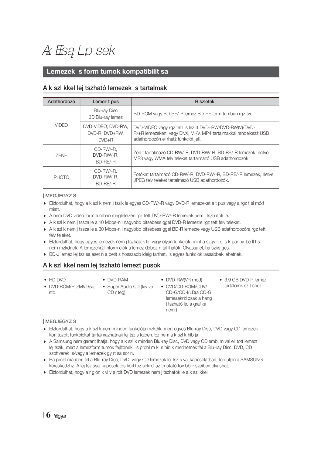 Samsung HT-F4550/EN Az Első Lépések, Lemezek és formátumok kompatibilitása, Készülékkel lejátszható lemezek és tartalmak 