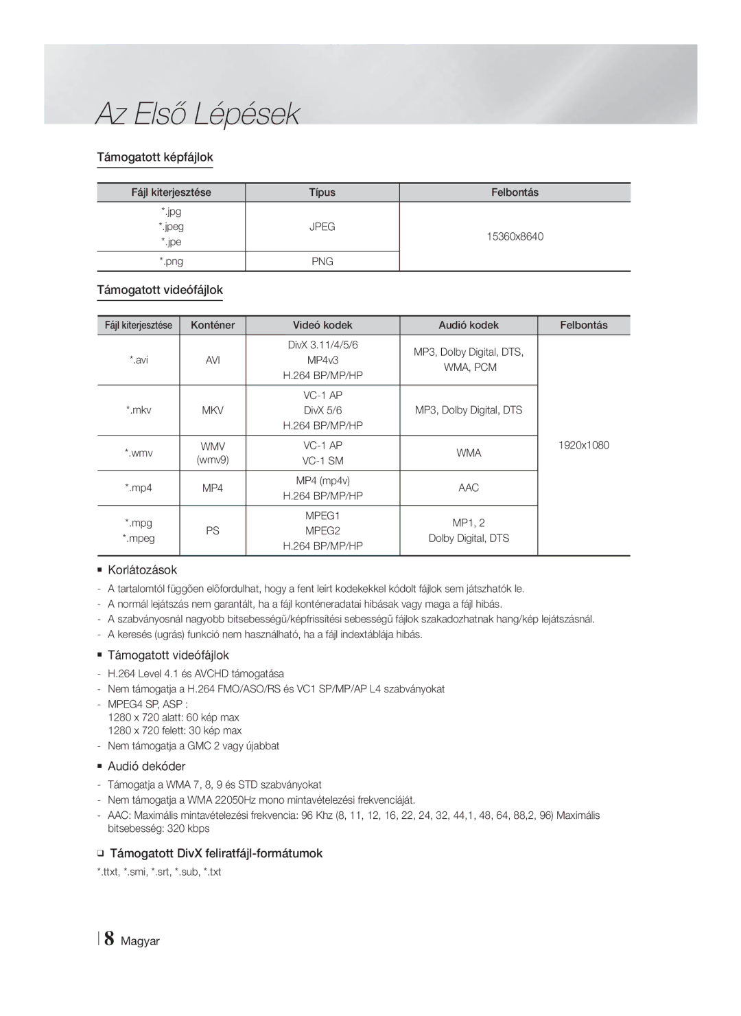 Samsung HT-F4550/EN, HT-F4500/EN manual Támogatott képfájlok,  Korlátozások,  Támogatott videófájlok,  Audió dekóder 