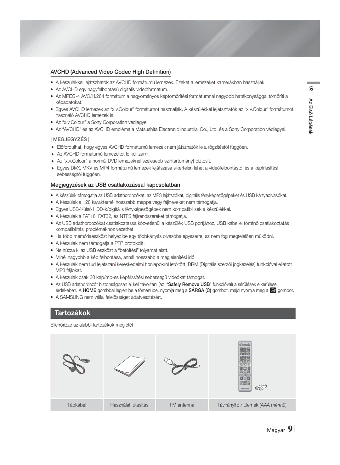 Samsung HT-F4500/EN, HT-F4550/EN manual Tartozékok, Avchd Advanced Video Codec High Definition 