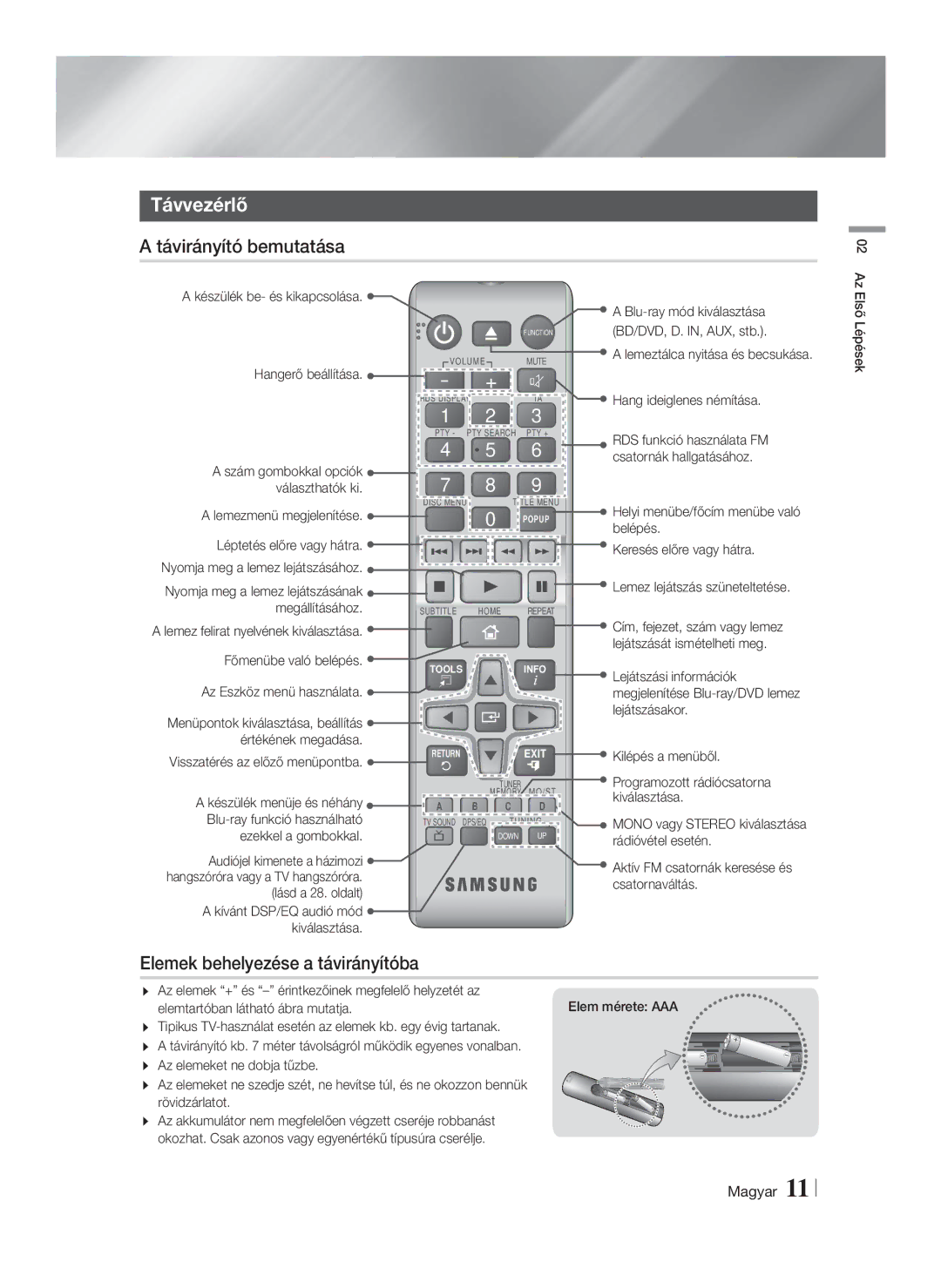 Samsung HT-F4500/EN, HT-F4550/EN manual Távvezérlő, Távirányító bemutatása, Elemek behelyezése a távirányítóba 