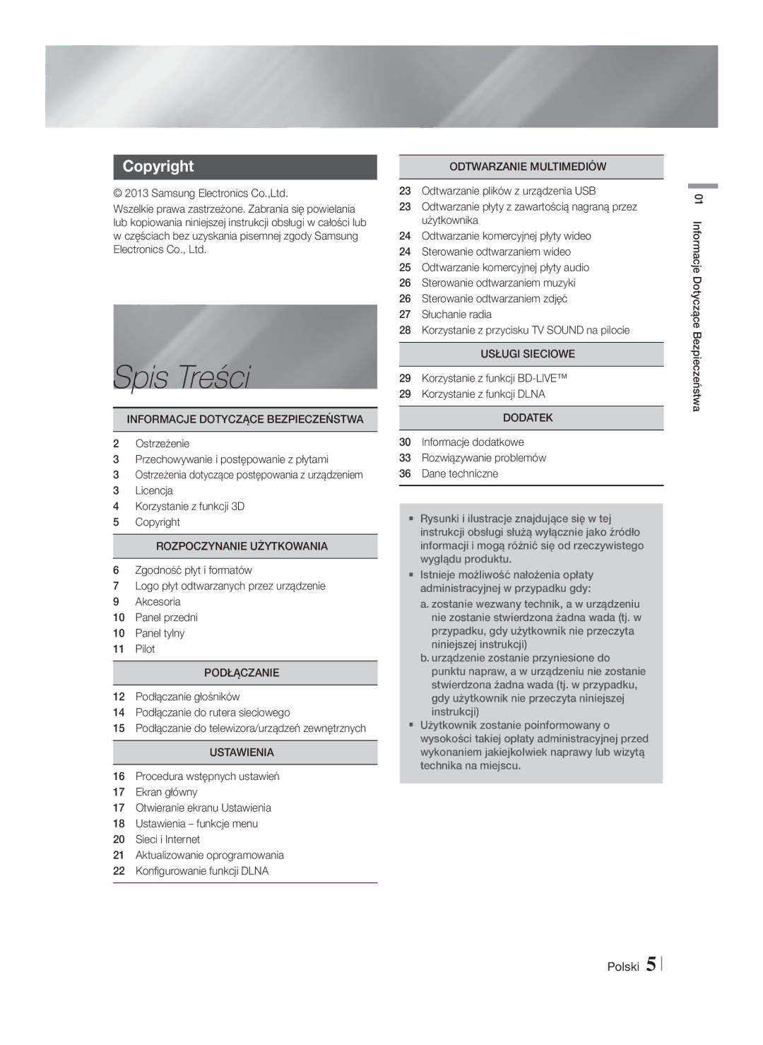 Samsung HT-F4500/EN, HT-F4550/EN manual Spis Treści, Copyright 