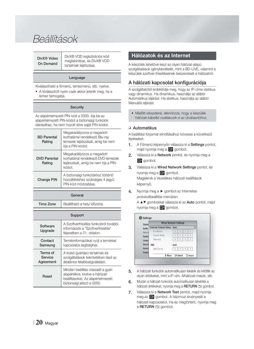 Samsung HT-F4550/EN, HT-F4500/EN manual Hálózatok és az Internet, Hálózati kapcsolat konfigurációja, Automatikus 