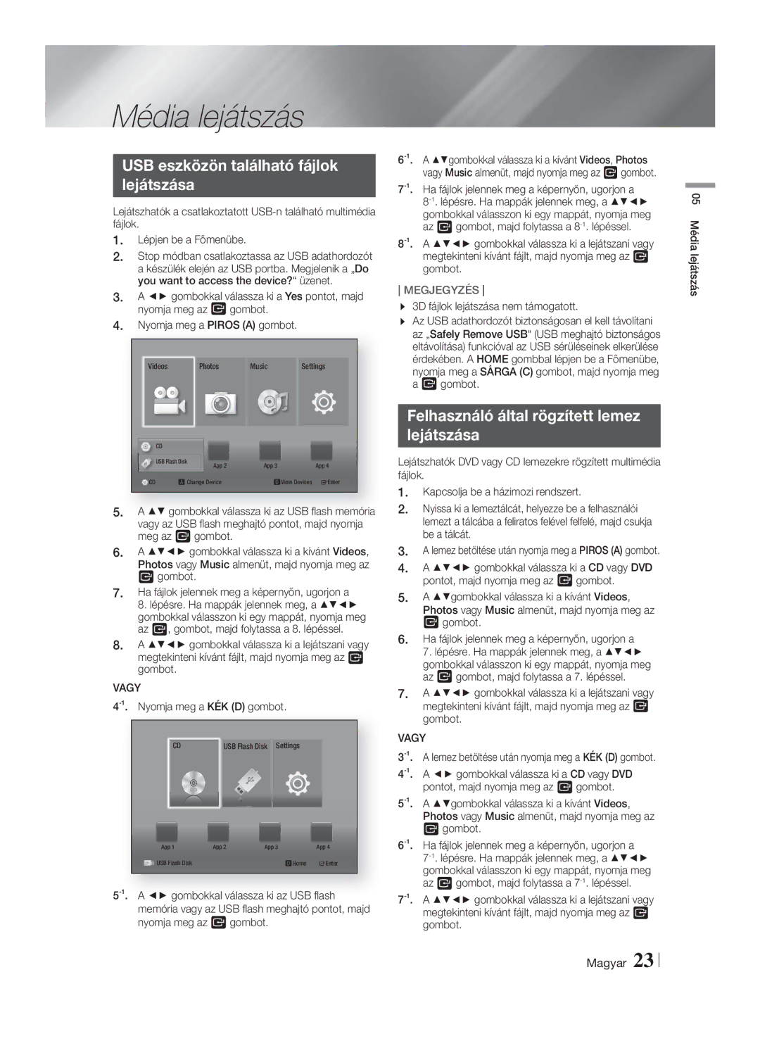 Samsung HT-F4500/EN, HT-F4550/EN manual Média lejátszás, USB eszközön található fájlok Lejátszása, Vagy 