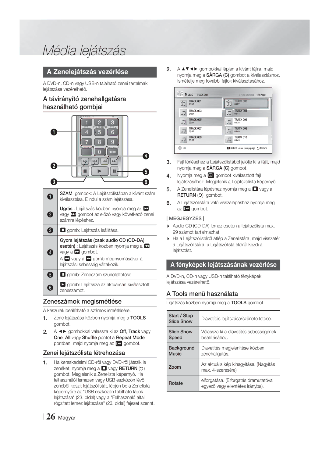 Samsung HT-F4550/EN, HT-F4500/EN manual Zenelejátszás vezérlése, Zeneszámok megismétlése, Fényképek lejátszásának vezérlése 