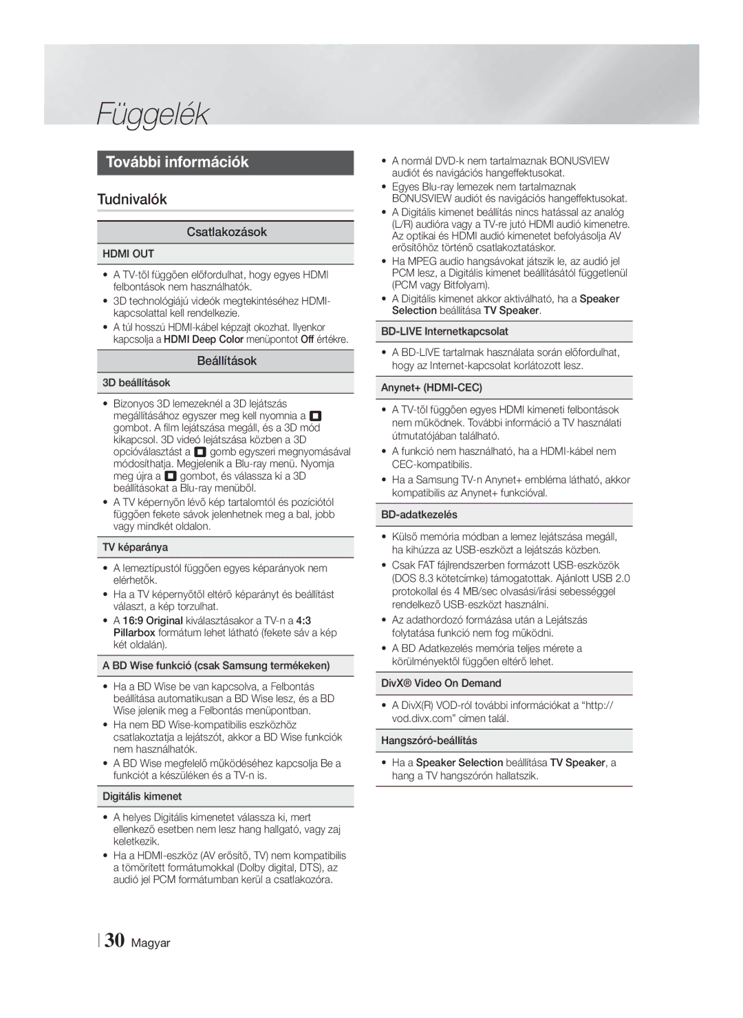 Samsung HT-F4550/EN, HT-F4500/EN manual Függelék, További információk, Tudnivalók, Csatlakozások, Beállítások 