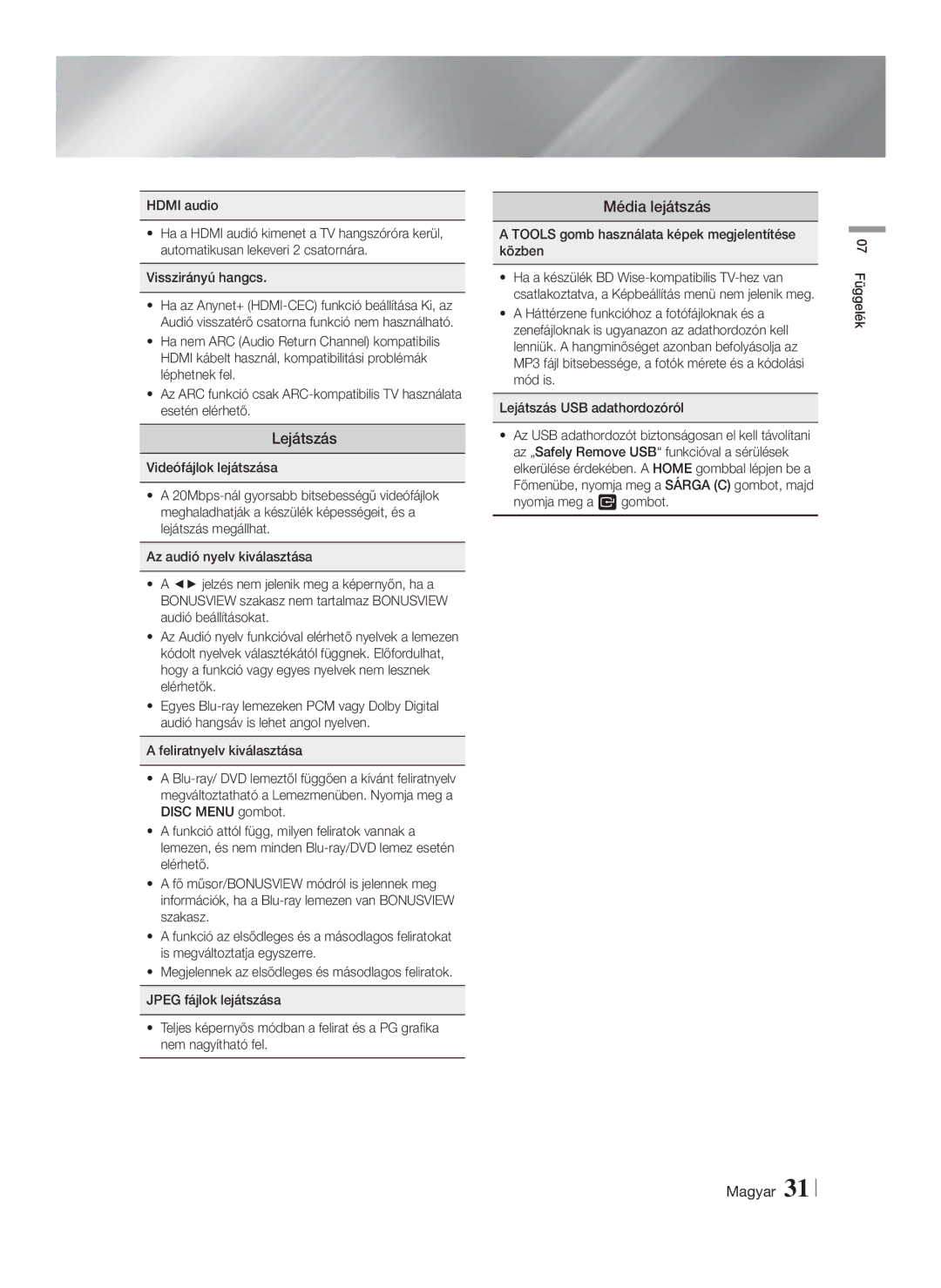 Samsung HT-F4500/EN manual Lejátszás, Média lejátszás, Tools gomb használata képek megjelentítése közben, 07 Függelék 