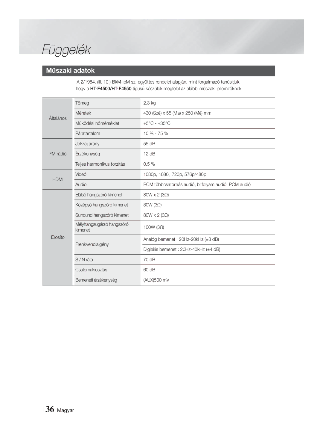 Samsung HT-F4550/EN, HT-F4500/EN manual Mûszaki adatok, Általános FM rádió 