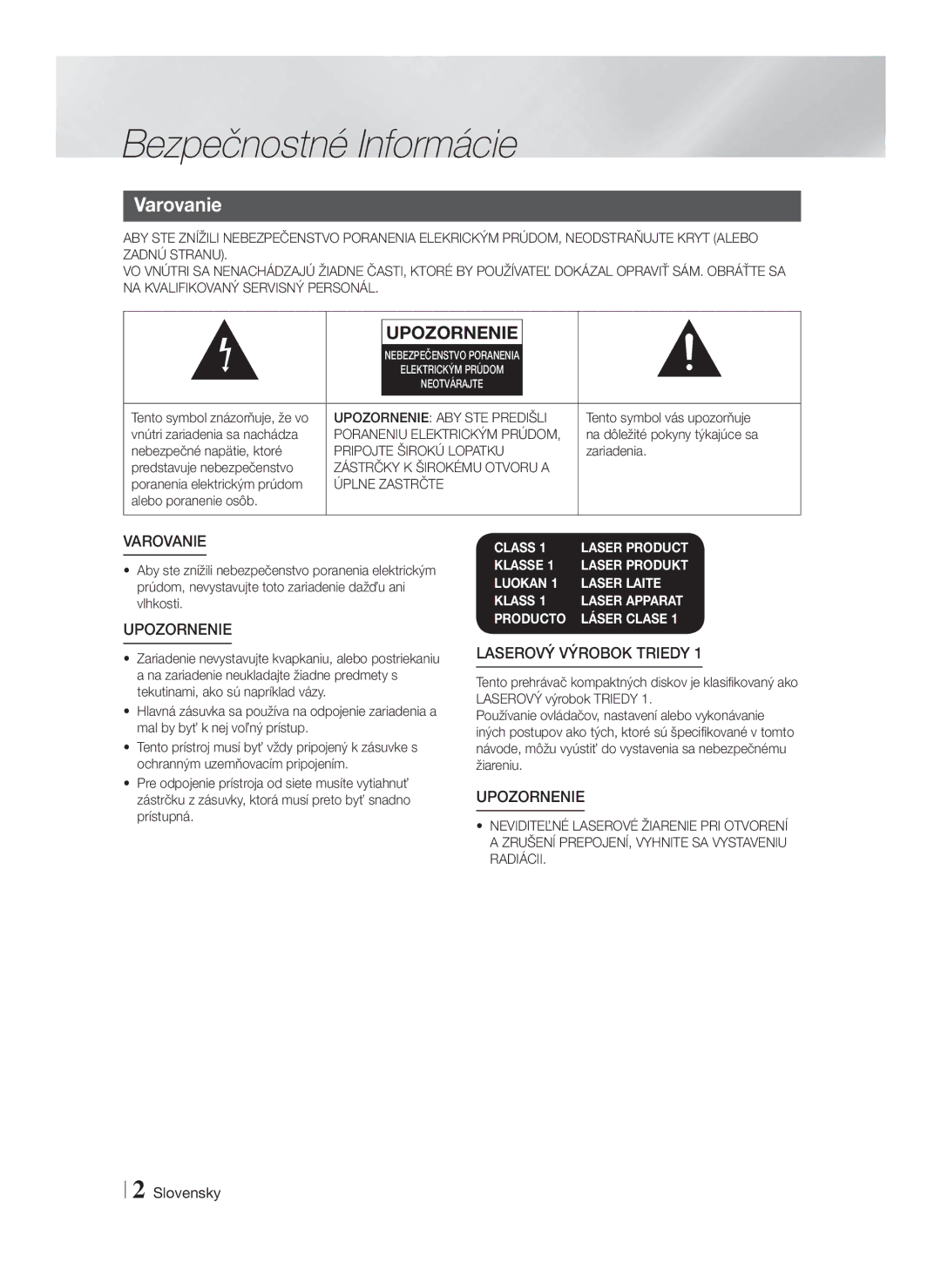 Samsung HT-F4550/EN, HT-F4500/EN manual Bezpečnostné Informácie, Varovanie 