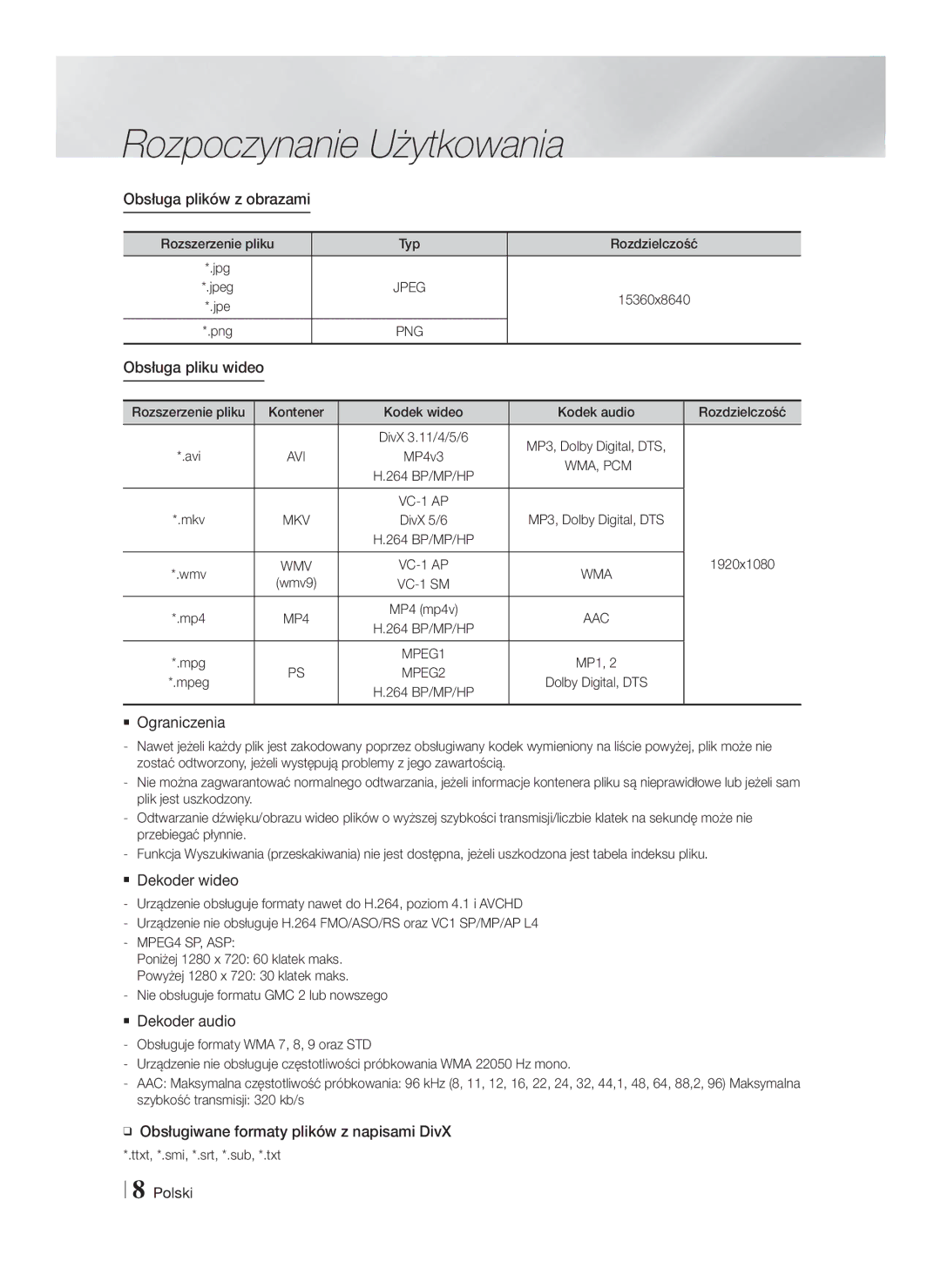 Samsung HT-F4550/EN, HT-F4500/EN manual Obsługa plików z obrazami,  Ograniczenia,  Dekoder wideo,  Dekoder audio 