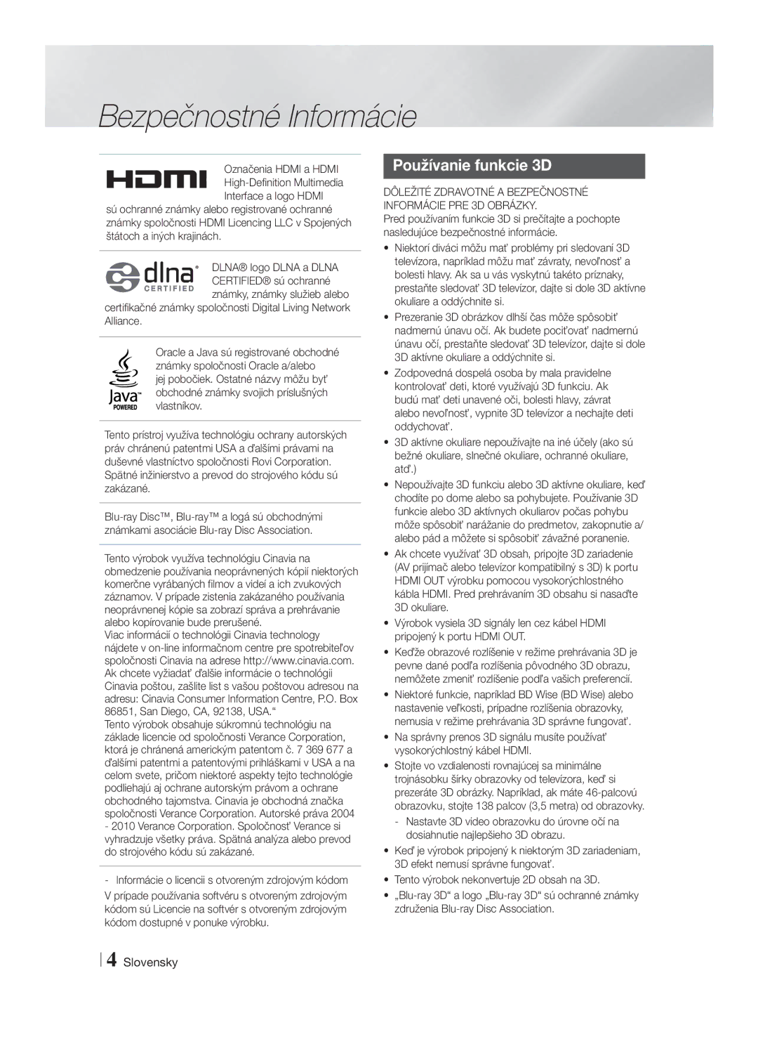 Samsung HT-F4550/EN, HT-F4500/EN manual Používanie funkcie 3D, Označenia Hdmi a Hdmi 