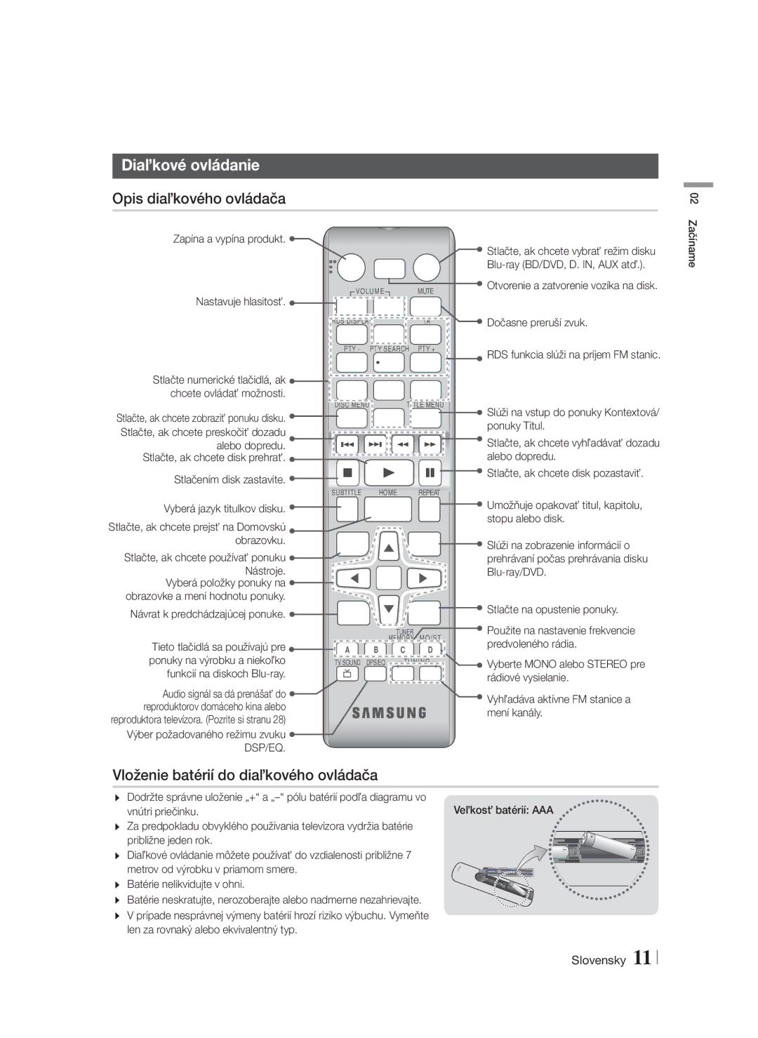 Samsung HT-F4500/EN manual Diaľkové ovládanie, Opis diaľkového ovládača, Vloženie batérií do diaľkového ovládača, Dsp/Eq 