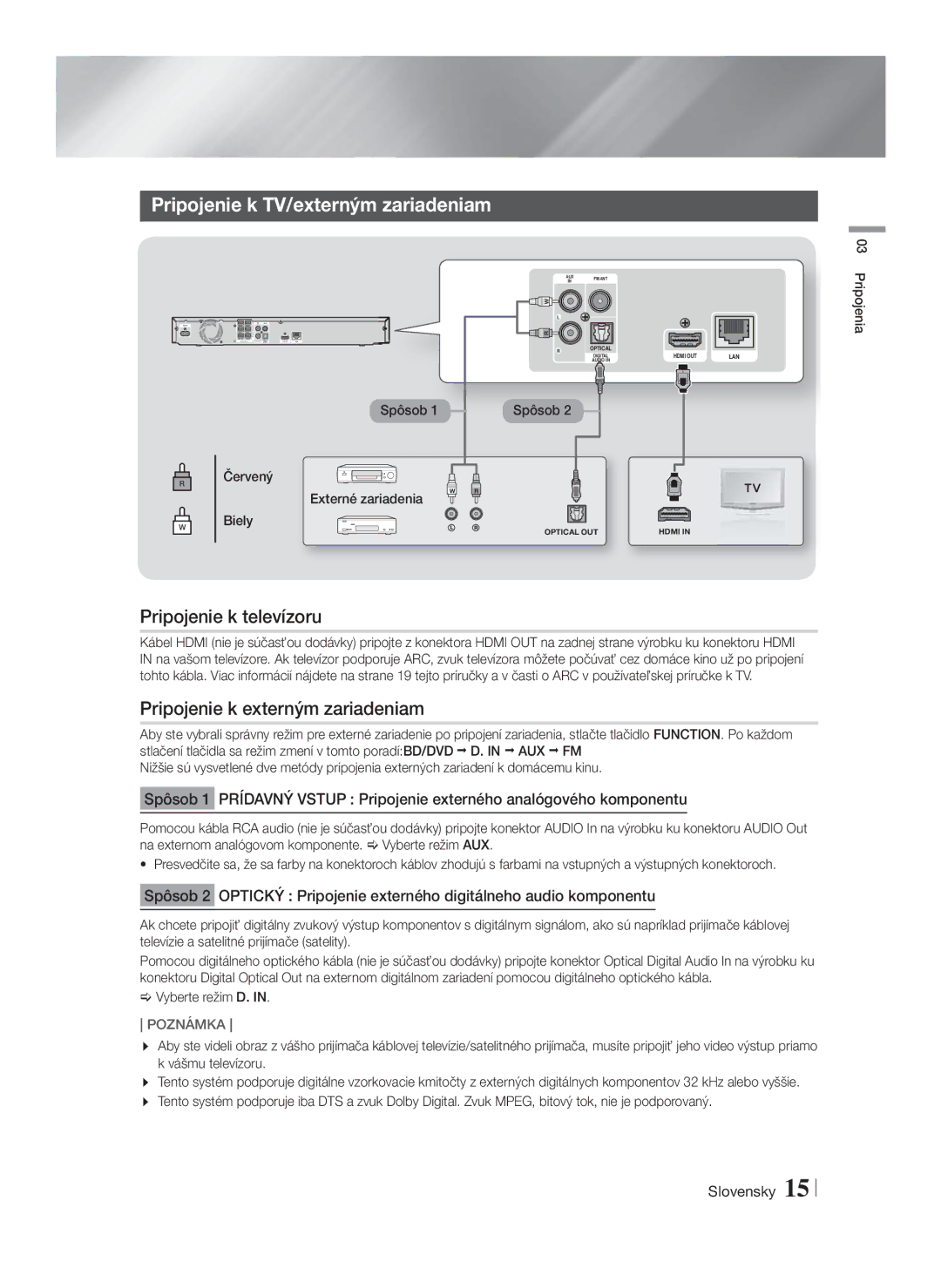 Samsung HT-F4500/EN manual Pripojenie k TV/externým zariadeniam, Pripojenie k televízoru, Pripojenie k externým zariadeniam 