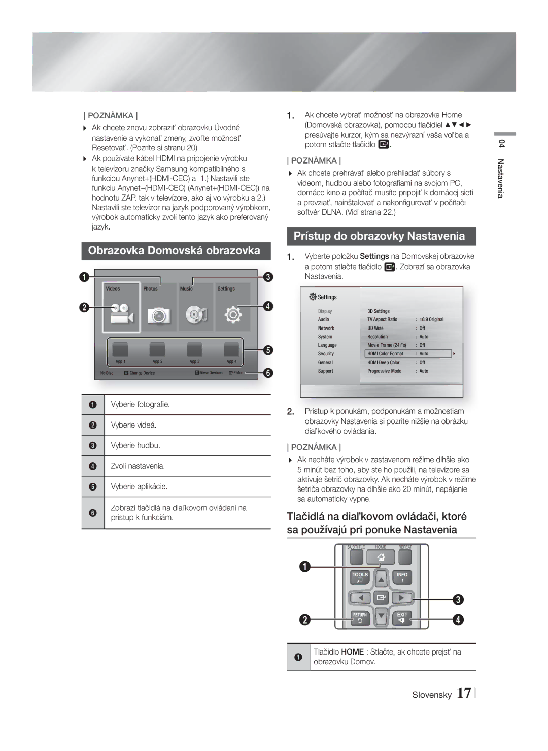 Samsung HT-F4500/EN, HT-F4550/EN manual Obrazovka Domovská obrazovka, Prístup do obrazovky Nastavenia 