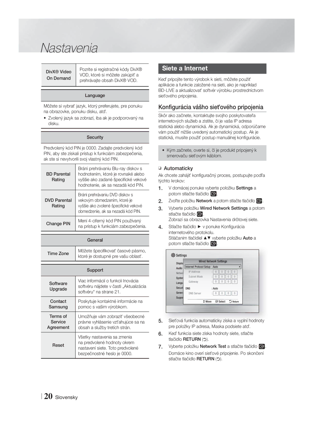 Samsung HT-F4550/EN, HT-F4500/EN manual Siete a Internet, Konfigurácia vášho sieťového pripojenia, Automaticky 