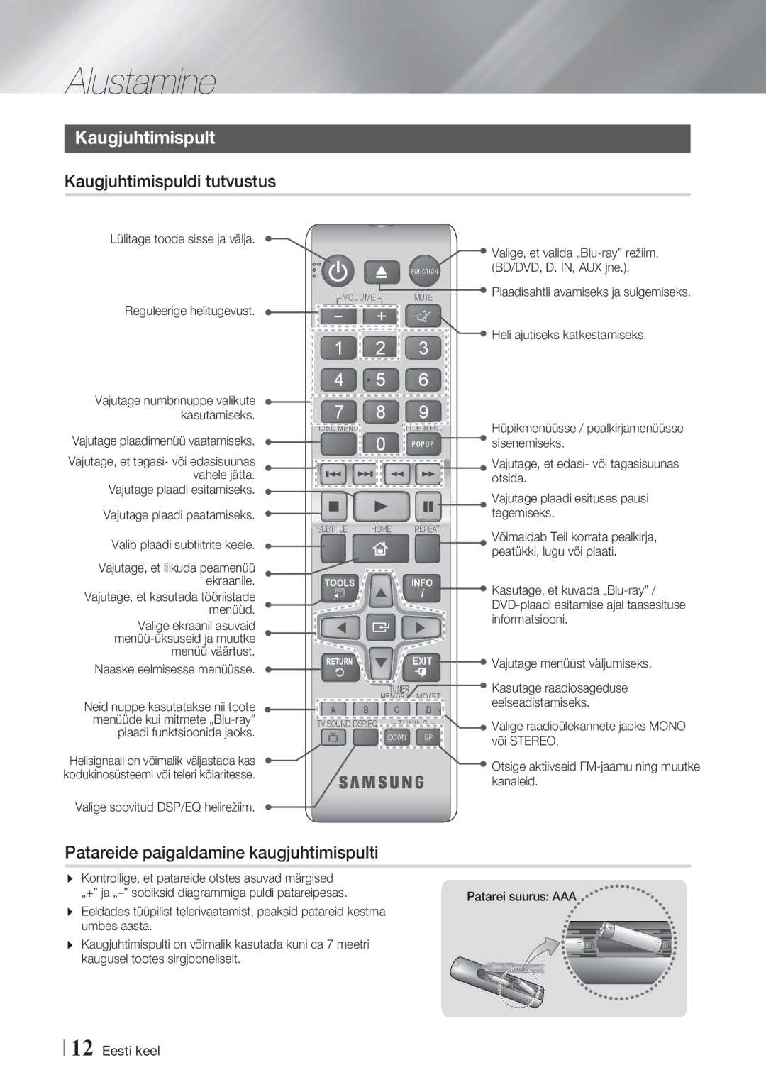 Samsung HT-F4550/EN, HT-F4500/EN Kaugjuhtimispult, Kaugjuhtimispuldi tutvustus, Patareide paigaldamine kaugjuhtimispulti 