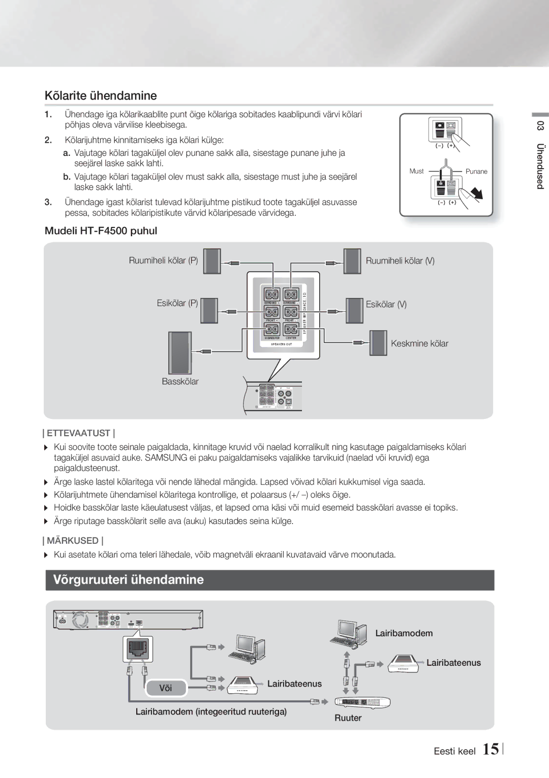 Samsung HT-F4500/EN, HT-F4550/EN manual Kõlarite ühendamine, Võrguruuteri ühendamine, Mudeli HT-F4500 puhul 