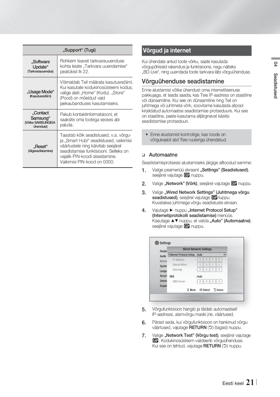 Samsung HT-F4500/EN, HT-F4550/EN manual Võrgud ja internet, Võrguühenduse seadistamine, Automaatne 