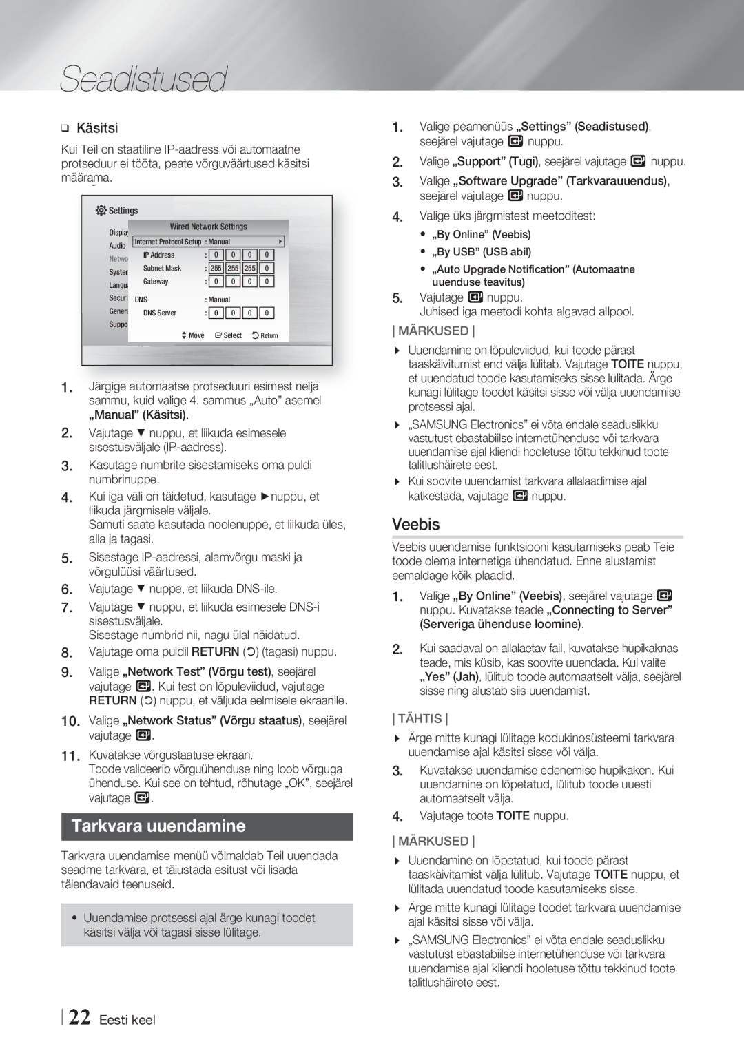 Samsung HT-F4550/EN manual Tarkvara uuendamine, Veebis, Käsitsi, Vajutage s nuppu Juhised iga meetodi kohta algavad allpool 