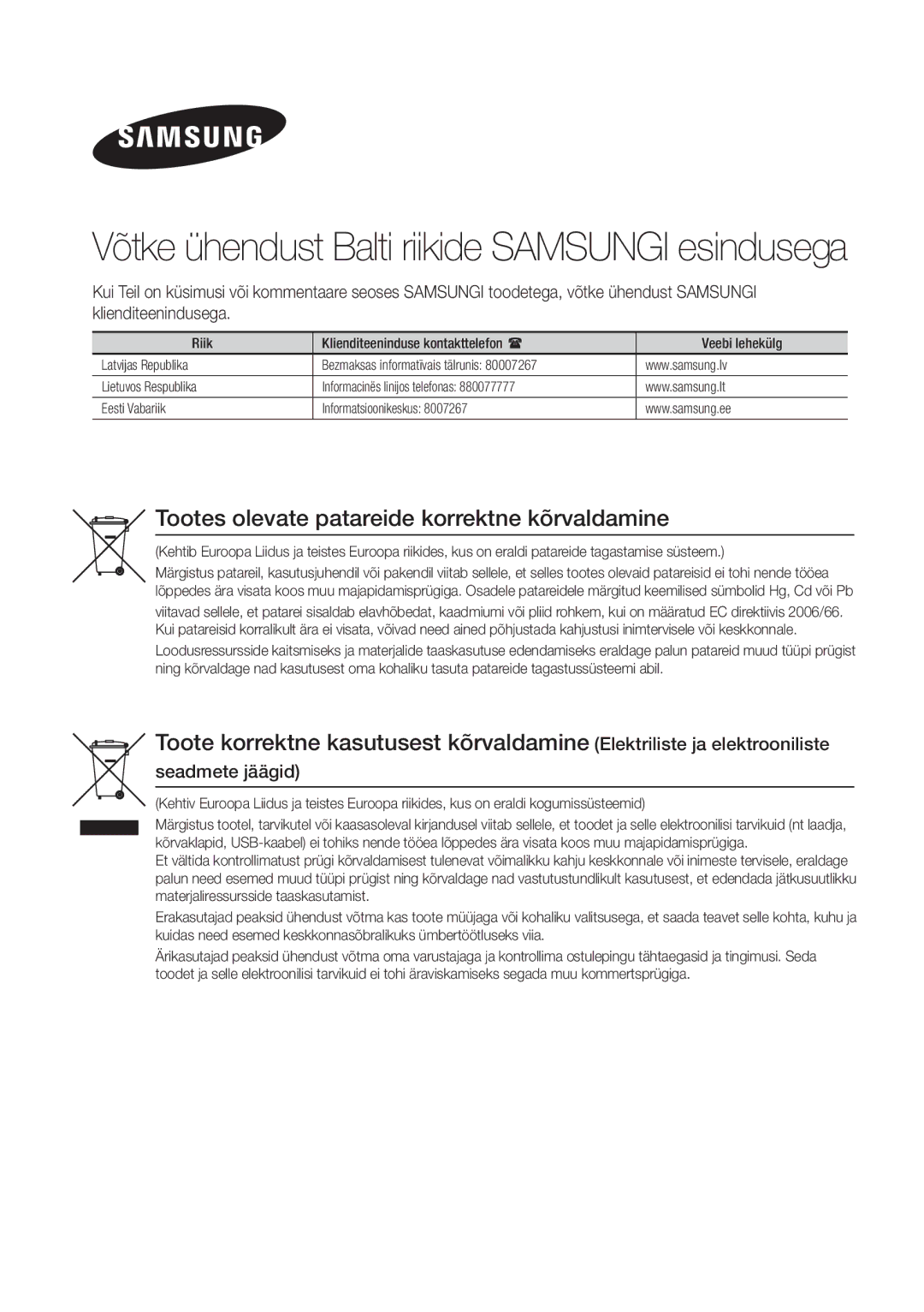 Samsung HT-F4500/EN, HT-F4550/EN manual Seadmete jäägid, Riik Klienditeeninduse kontakttelefon 