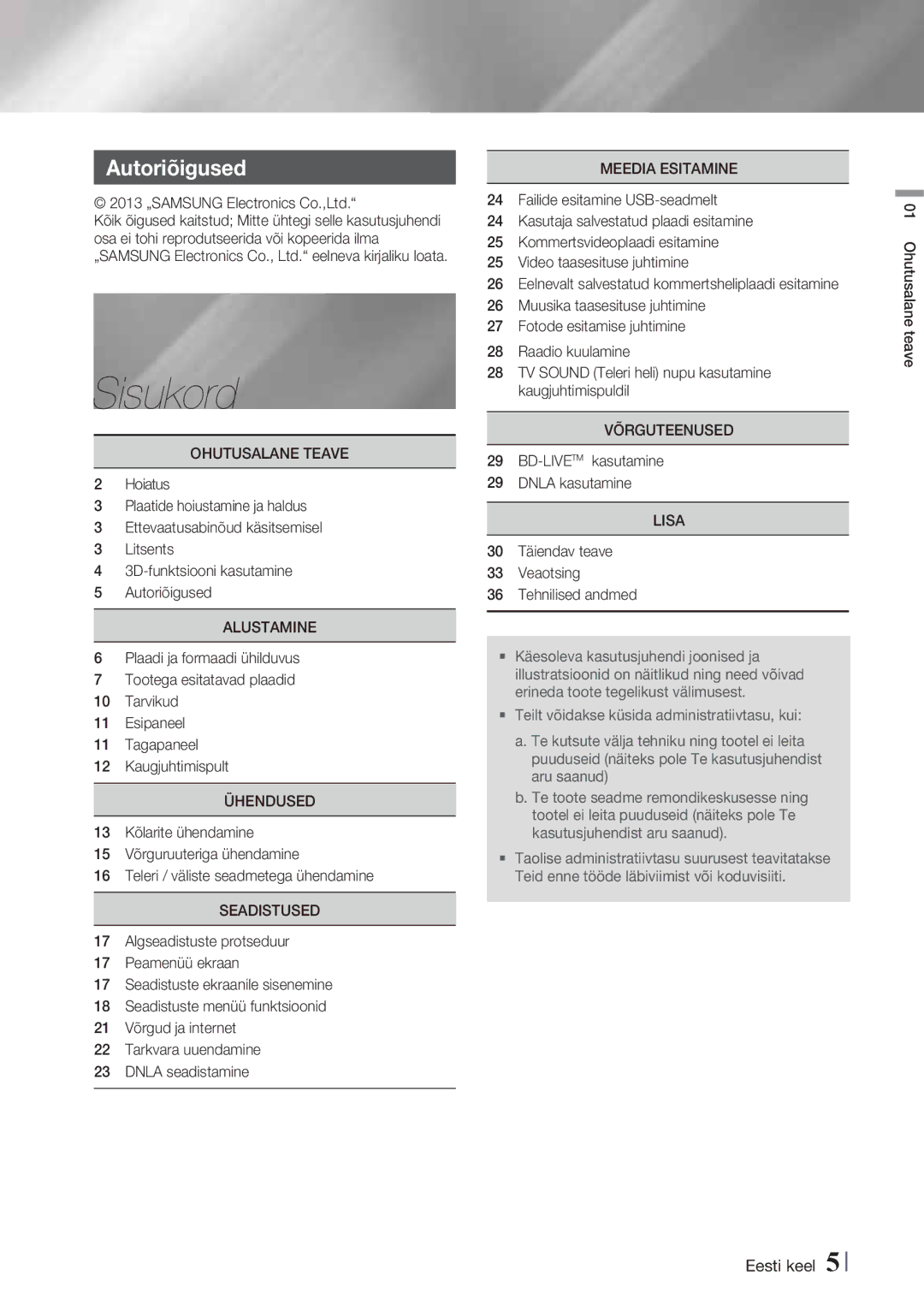 Samsung HT-F4500/EN, HT-F4550/EN manual Sisukord, Autoriõigused 