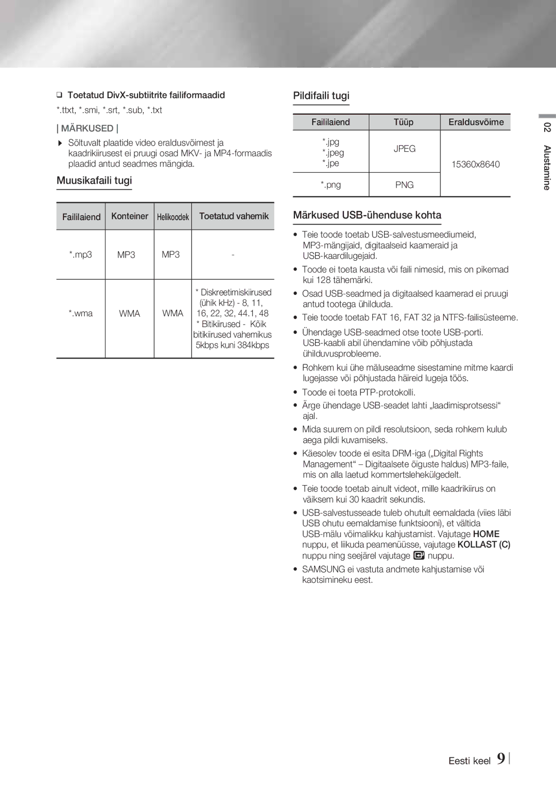 Samsung HT-F4500/EN, HT-F4550/EN manual Muusikafaili tugi, Pildifaili tugi, Märkused USB-ühenduse kohta, MP3, Png 