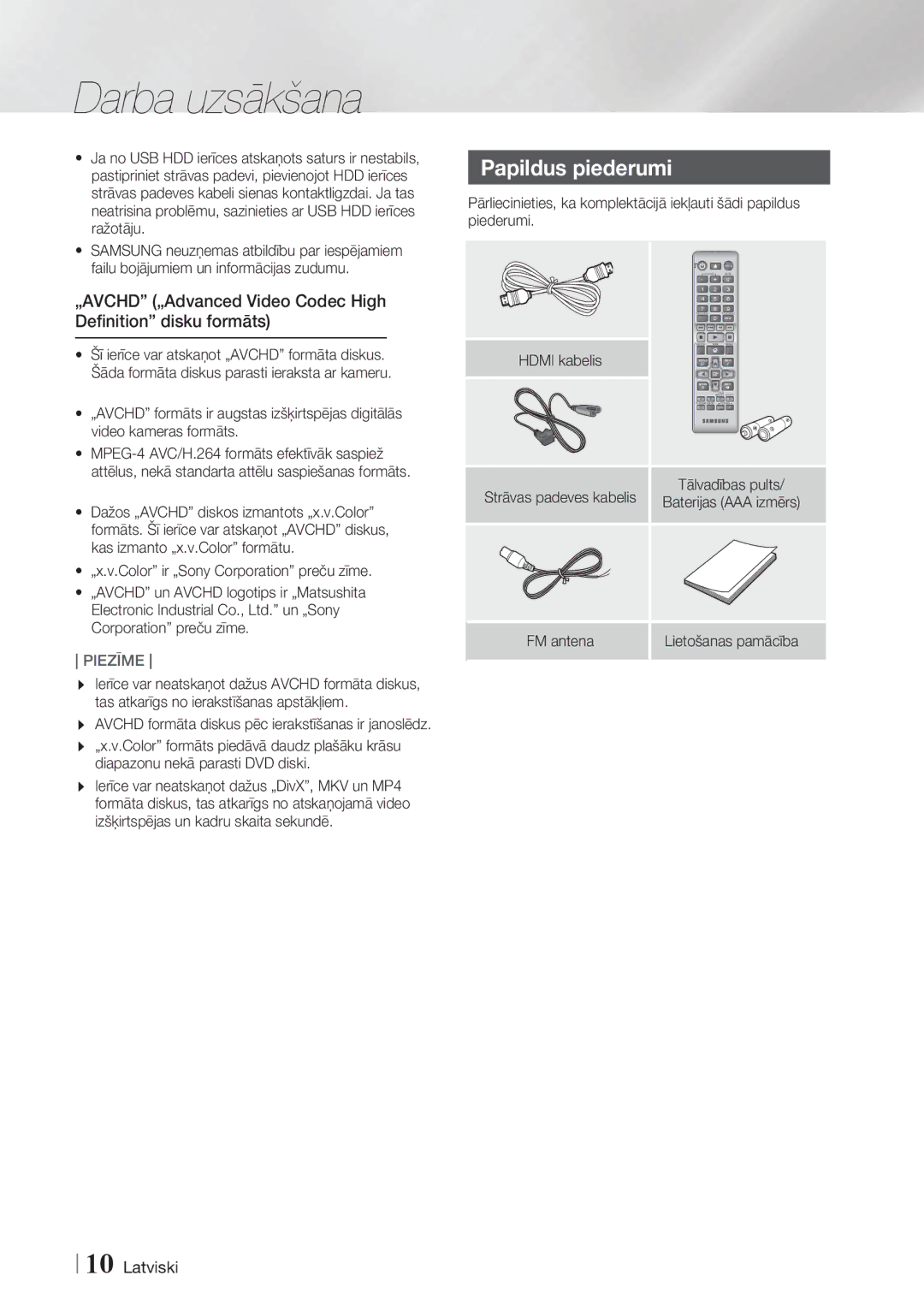 Samsung HT-F4550/EN, HT-F4500/EN Papildus piederumi, „AVCHD „Advanced Video Codec High Deﬁnition disku formāts, Piederumi 