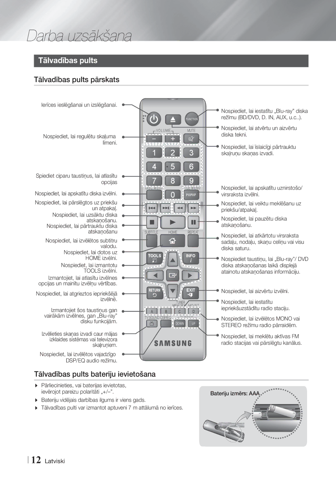 Samsung HT-F4550/EN Tālvadības pults pārskats, Tālvadības pults bateriju ievietošana, Nospiediet, lai aizvērtu izvēlni 