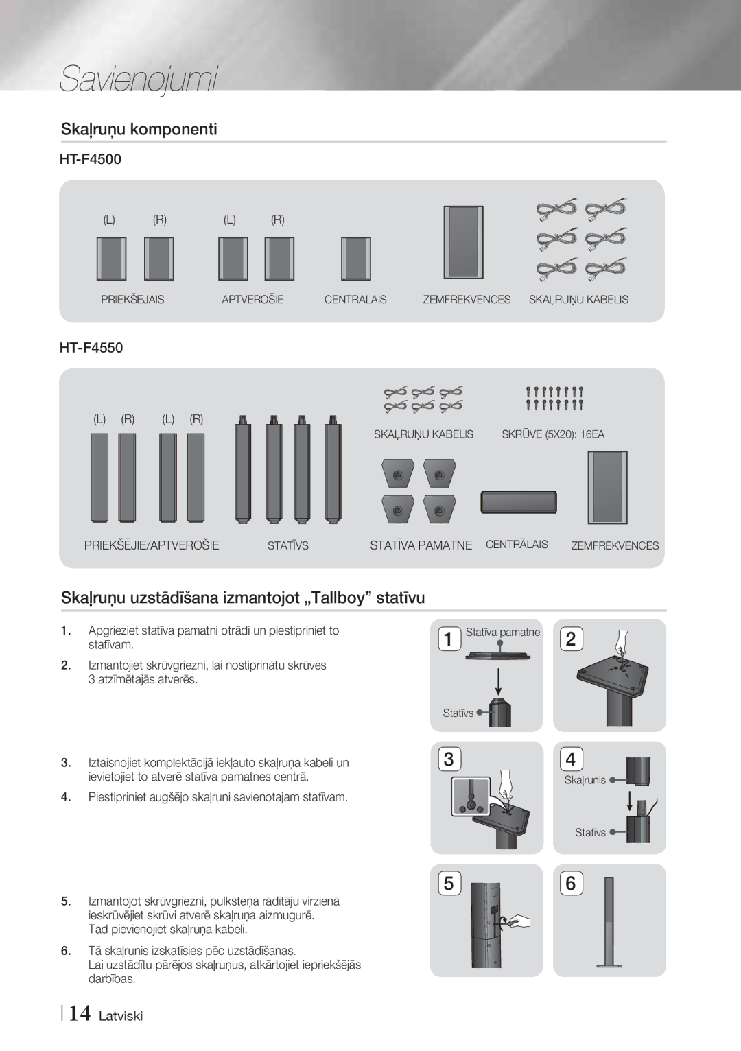 Samsung HT-F4550/EN manual Savienojumi, Skaļruņu komponenti, Skaļruņu uzstādīšana izmantojot „Tallboy statīvu, HT-F4500 