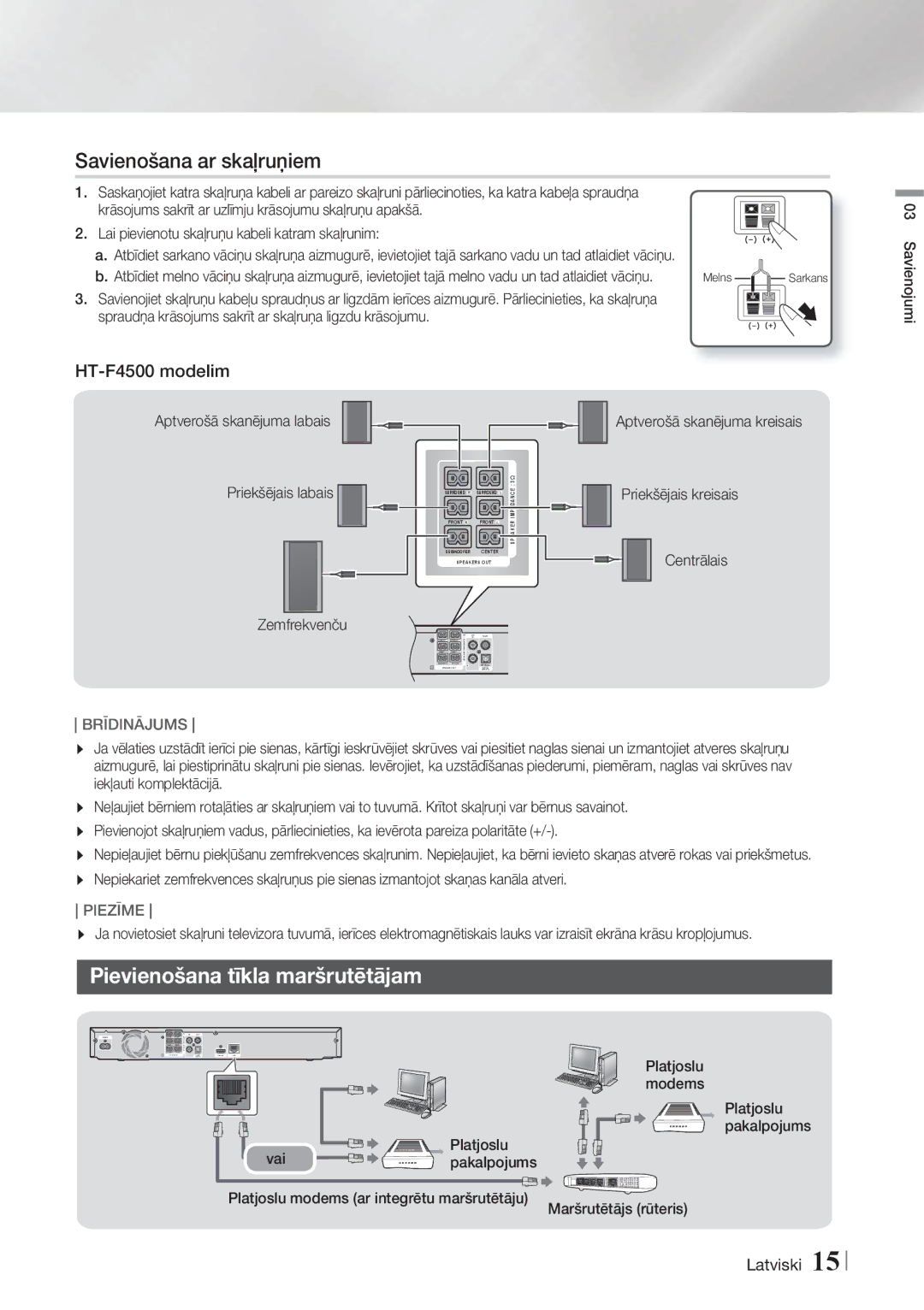 Samsung HT-F4500/EN, HT-F4550/EN manual Savienošana ar skaļruņiem, Pievienošana tīkla maršrutētājam, HT-F4500 modelim 