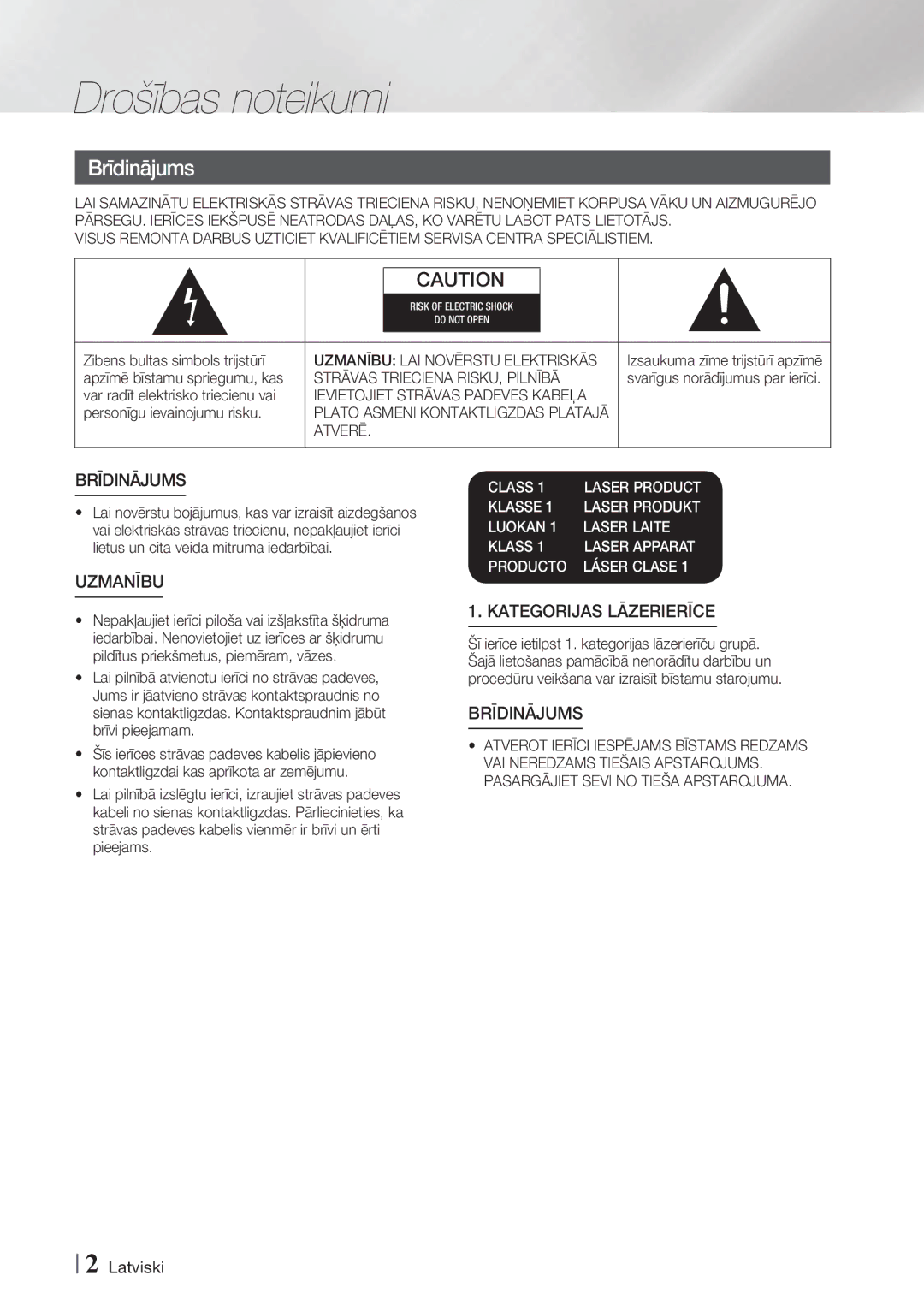 Samsung HT-F4550/EN manual Drošības noteikumi, Strāvas Trieciena RISKU, Pilnībā, Ievietojiet Strāvas Padeves Kabeļa, Atverē 