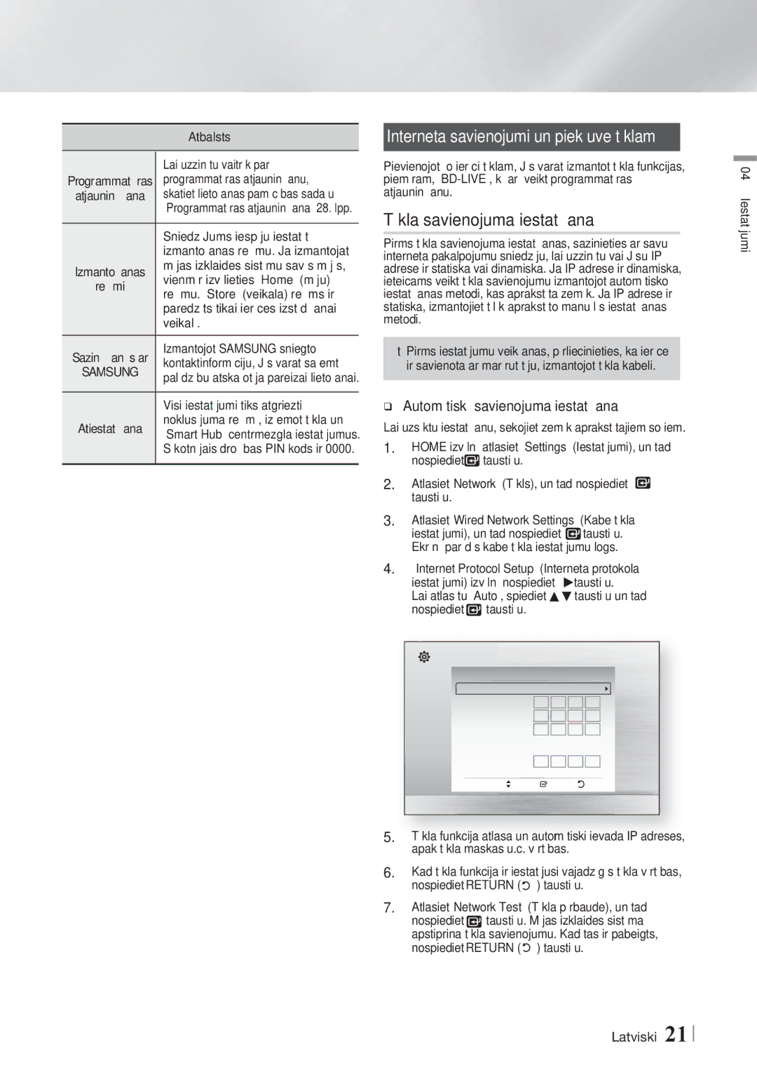 Samsung HT-F4500/EN, HT-F4550/EN manual Interneta savienojumi un piekļuve tīklam, Tīkla savienojuma iestatīšana 