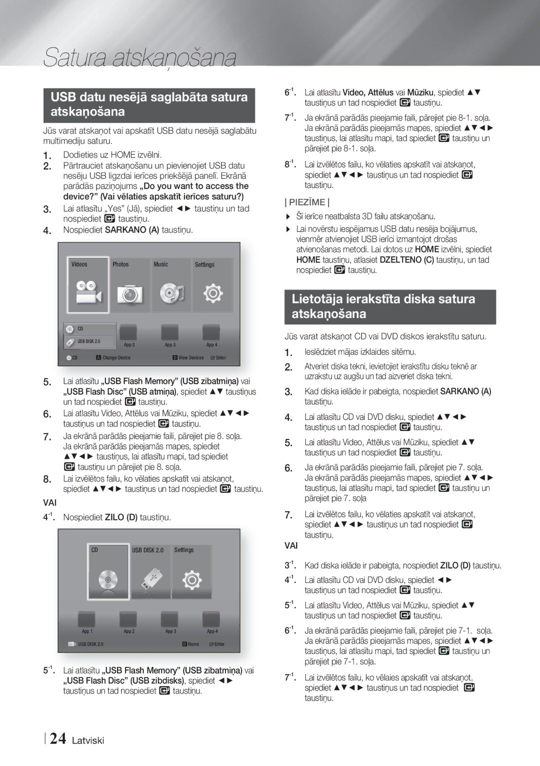 Samsung HT-F4550/EN manual USB datu nesējā saglabāta satura atskaņošana, Lietotāja ierakstīta diska satura atskaņošana, Vai 