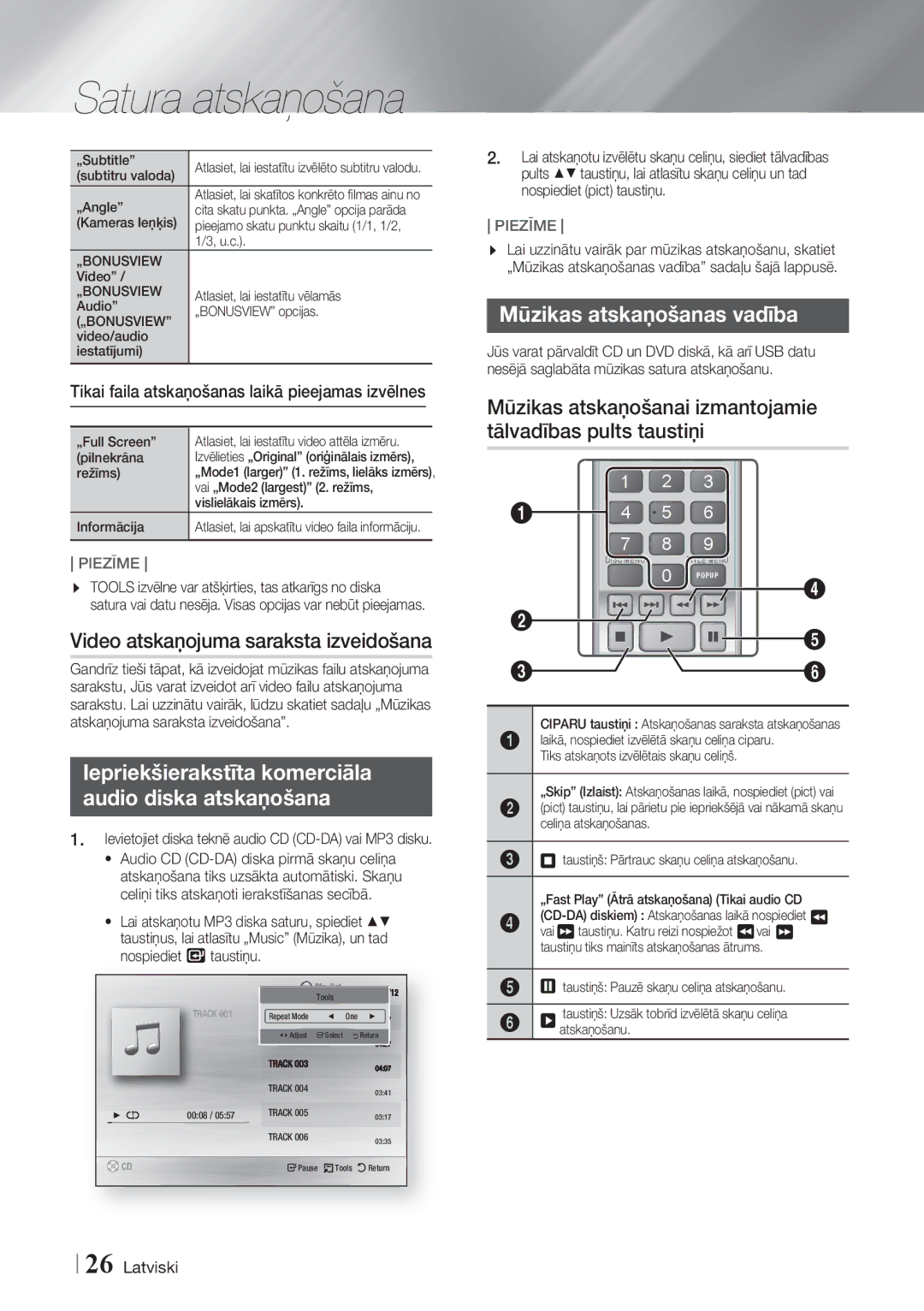 Samsung HT-F4550/EN, HT-F4500/EN Satura atskaņošana, Video atskaņojuma saraksta izveidošana, Mūzikas atskaņošanas vadība 