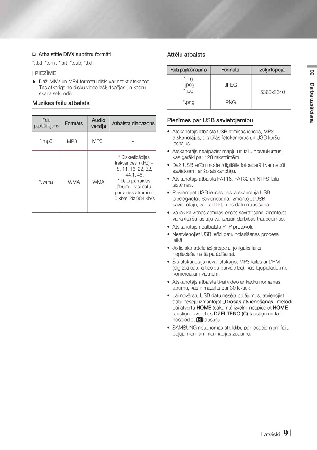 Samsung HT-F4500/EN, HT-F4550/EN manual Mūzikas failu atbalsts, Attēlu atbalsts, Piezīmes par USB savietojamību, MP3, Wma 