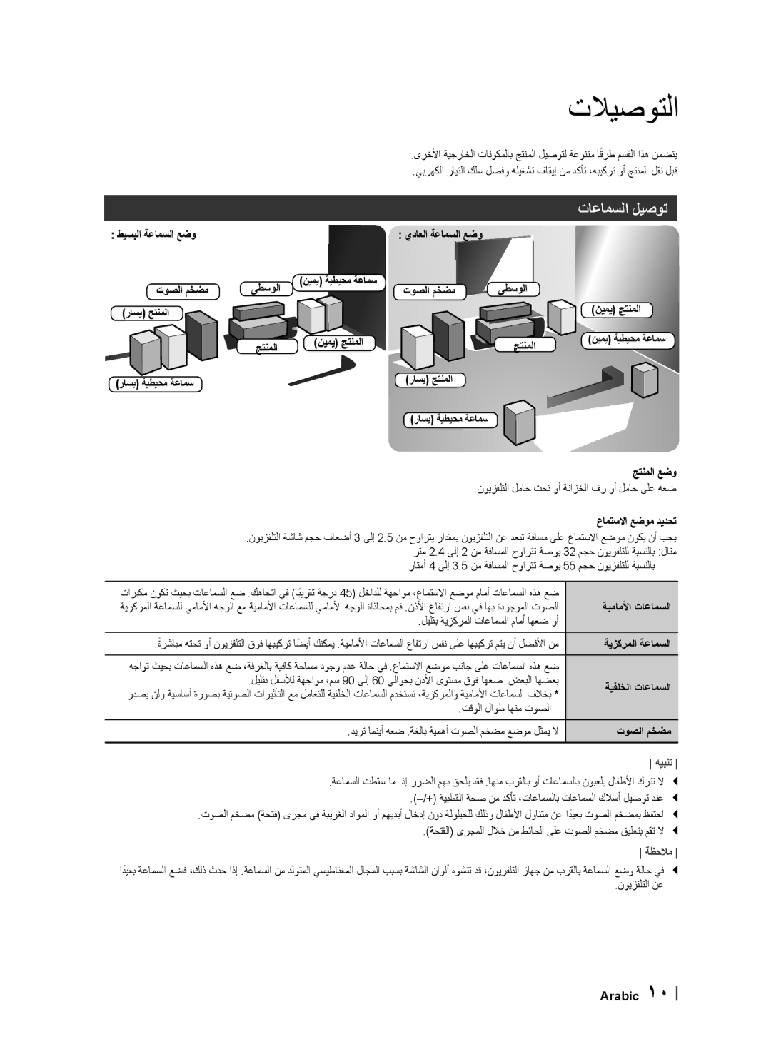 Samsung HT-F455BK/ZN manual تلايصوتلا, راﺳﻳ ةﻳطﻳحم ةﻋامﺳ ﺞتنملا عﺿو, نويزفلتلا لماﺣ تﺣت وأ ةنازخلا ﻑر وأ لماﺣ ىلع هعﺿ 