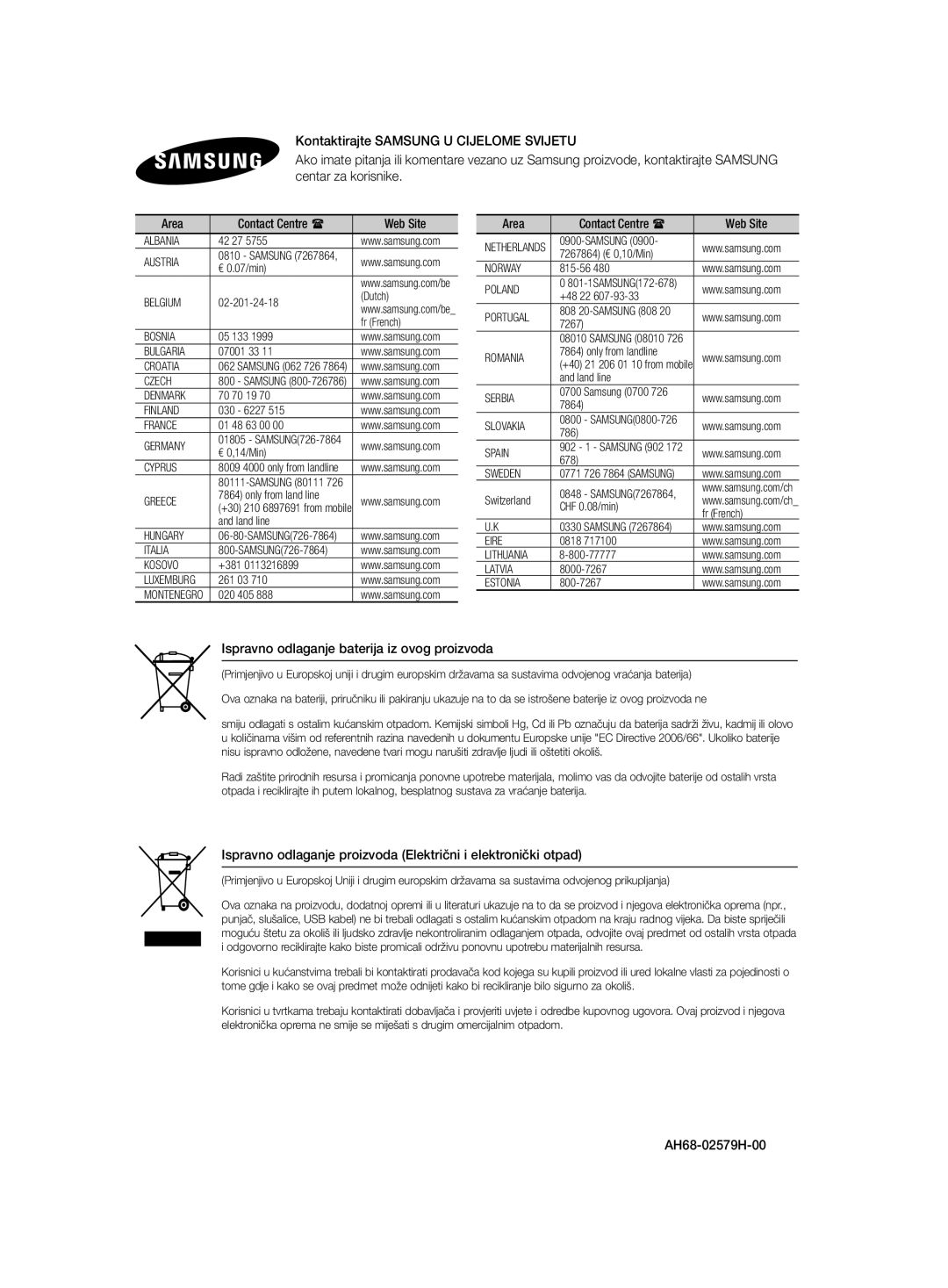 Samsung HT-F455/EN manual Ispravno odlaganje baterija iz ovog proizvoda, AH68-02579H-00 