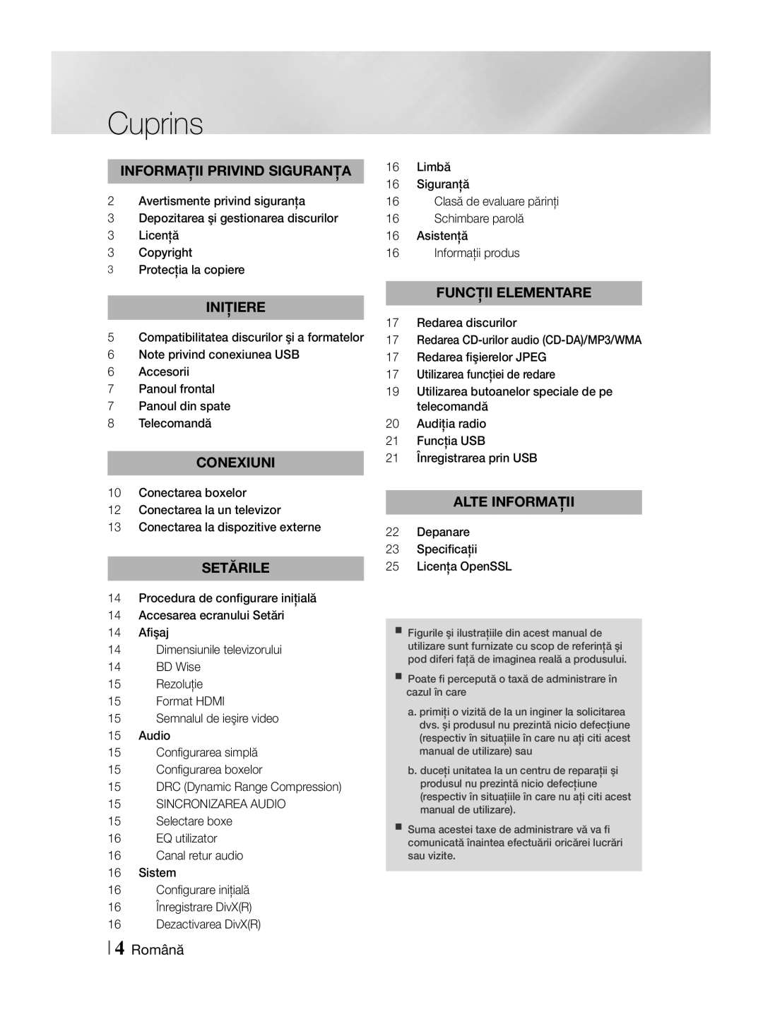 Samsung HT-F455/EN manual Cuprins, Sincronizarea Audio 