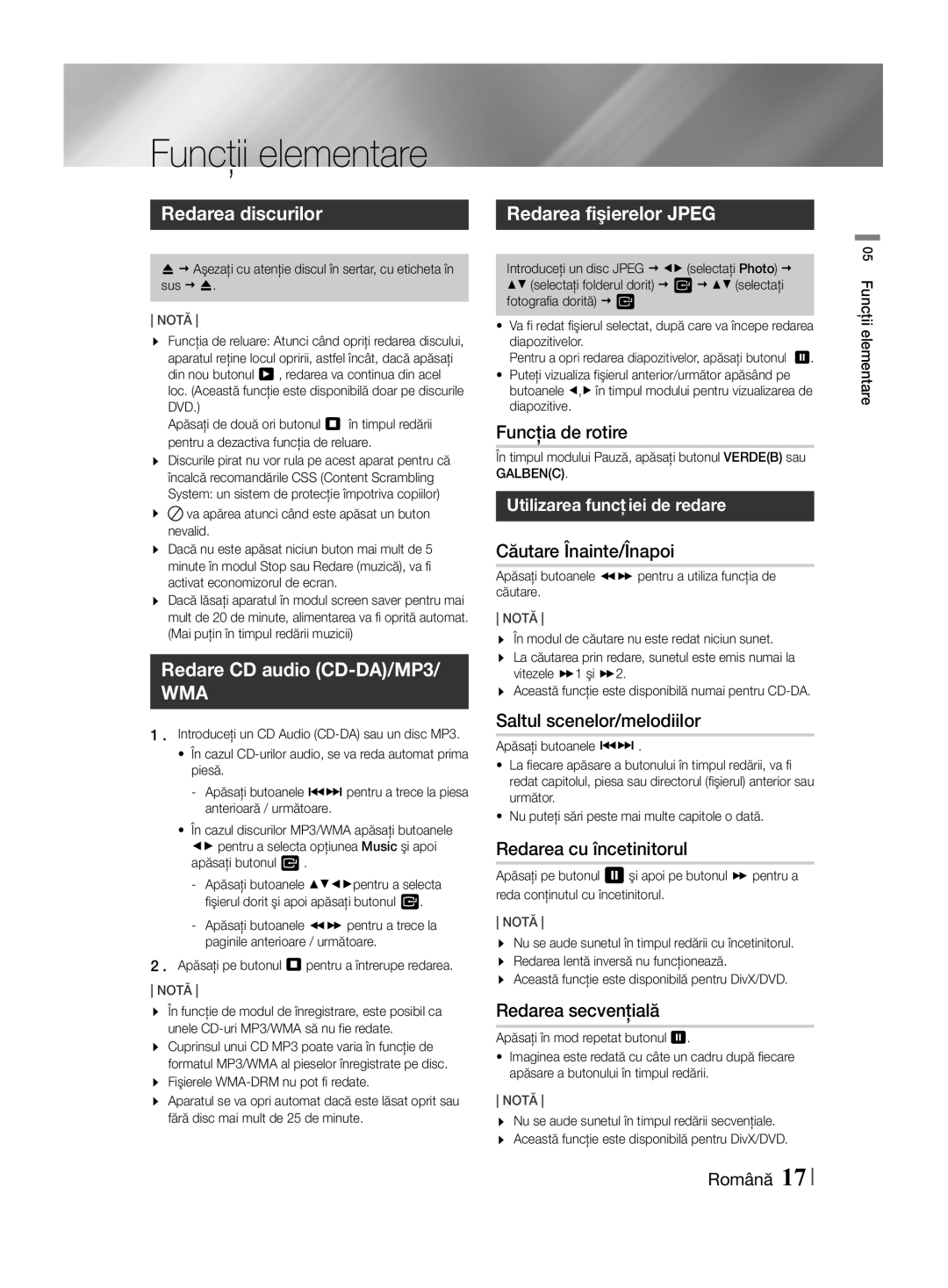 Samsung HT-F455/EN manual Funcţii elementare, Redarea discurilor, Redare CD audio CD-DA/MP3, Redarea fişierelor Jpeg 