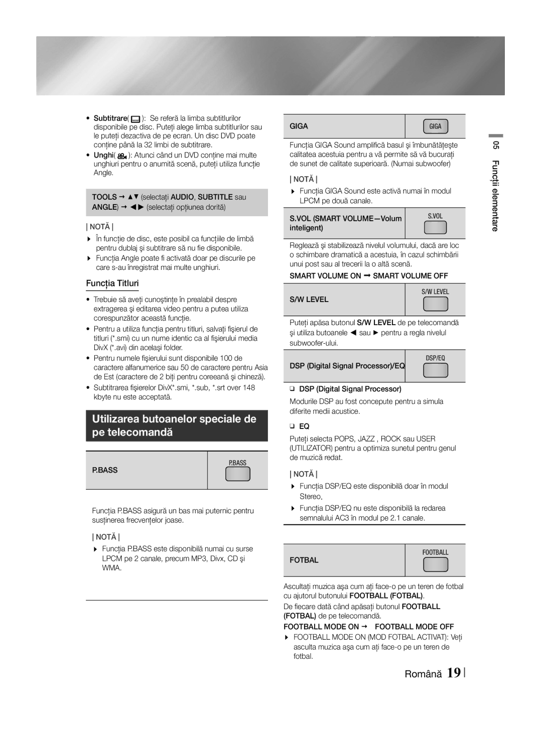 Samsung HT-F455/EN manual Utilizarea butoanelor speciale de pe telecomandă, Funcţia Titluri, Ğğ Eq, Fotbal 