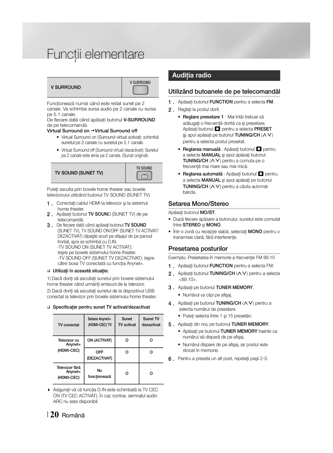 Samsung HT-F455/EN manual Audiţia radio, Utilizând butoanele de pe telecomandăl, Setarea Mono/Stereo, Presetarea posturilor 