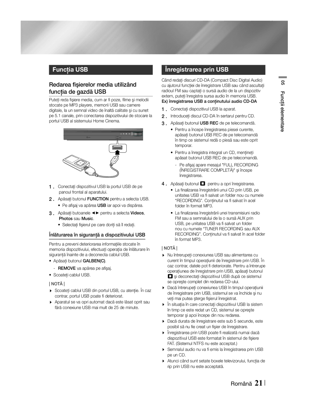 Samsung HT-F455/EN manual Funcţia USB, Redarea fişierelor media utilizând funcţia de gazdă USB, Înregistrarea prin USB 