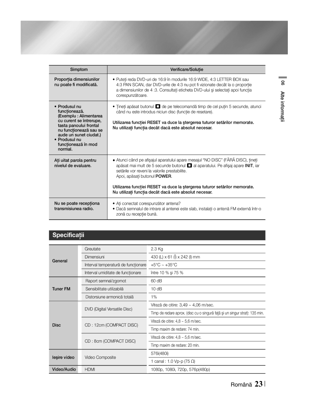 Samsung HT-F455/EN manual Specificaţii 