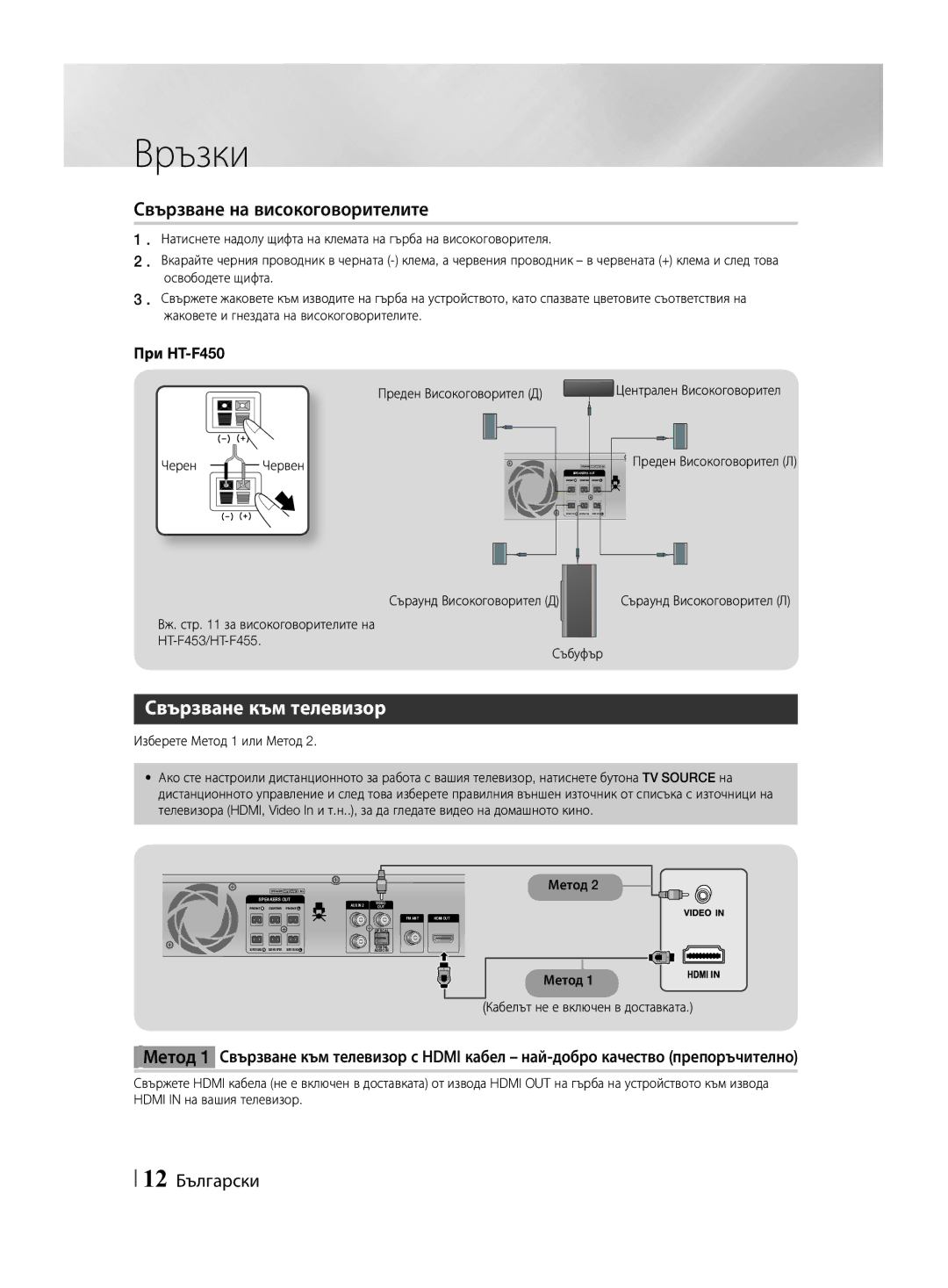 Samsung HT-F455/EN manual Свързване на високоговорителите, Свързване към телевизор, 12 Български 