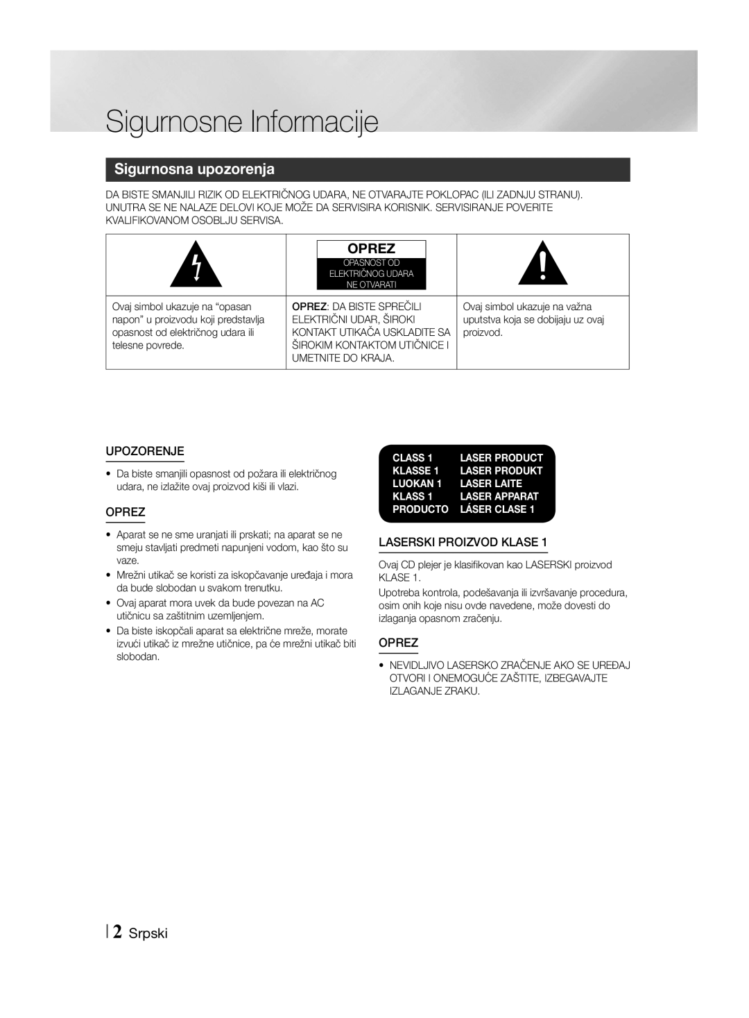 Samsung HT-F455/EN manual Sigurnosne Informacije, Sigurnosna upozorenja, Srpski 